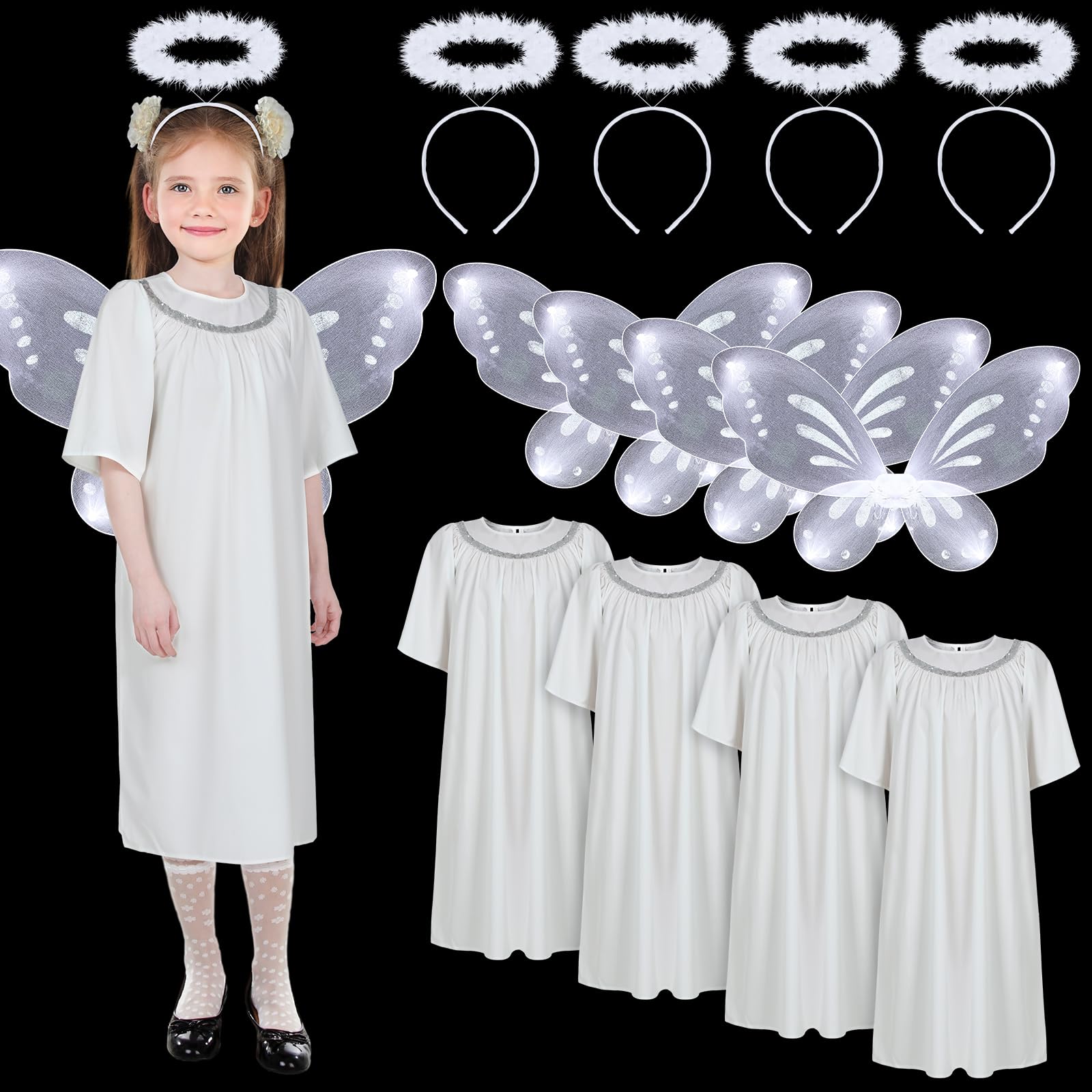 Janmercy12 Pcs Christmas Angel Costume Includes Long White Angelic Gown with Angel Wings Angel Headband for Children's Christmas Eve Halloween Cosplay Supplies