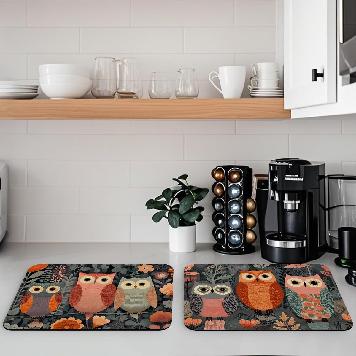 Owl Dish Mat Drying Kitchen Mat 2 Pack Ctue Birds Cartoon Animal Fantasy Wildlife Absorbent Draining Pad, Drying Pad with Non-slip Rubber, Coffee Bar Mats for Coffee Machine Dish Rack 12"L x 20"W