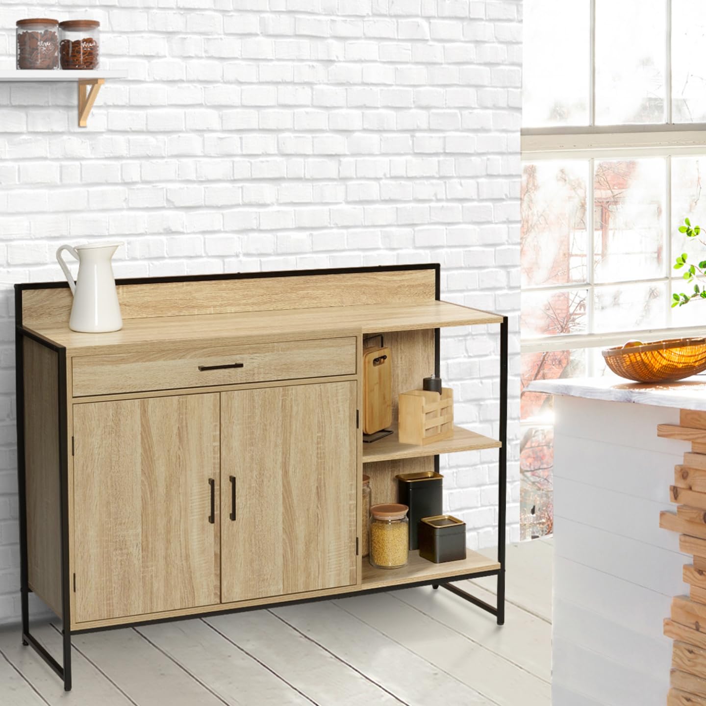 IDMarket – Aparador bajo de cocina 120 cm Detroit Plan de trabajo H.83 CM 2 puertas + cajón diseño industrial