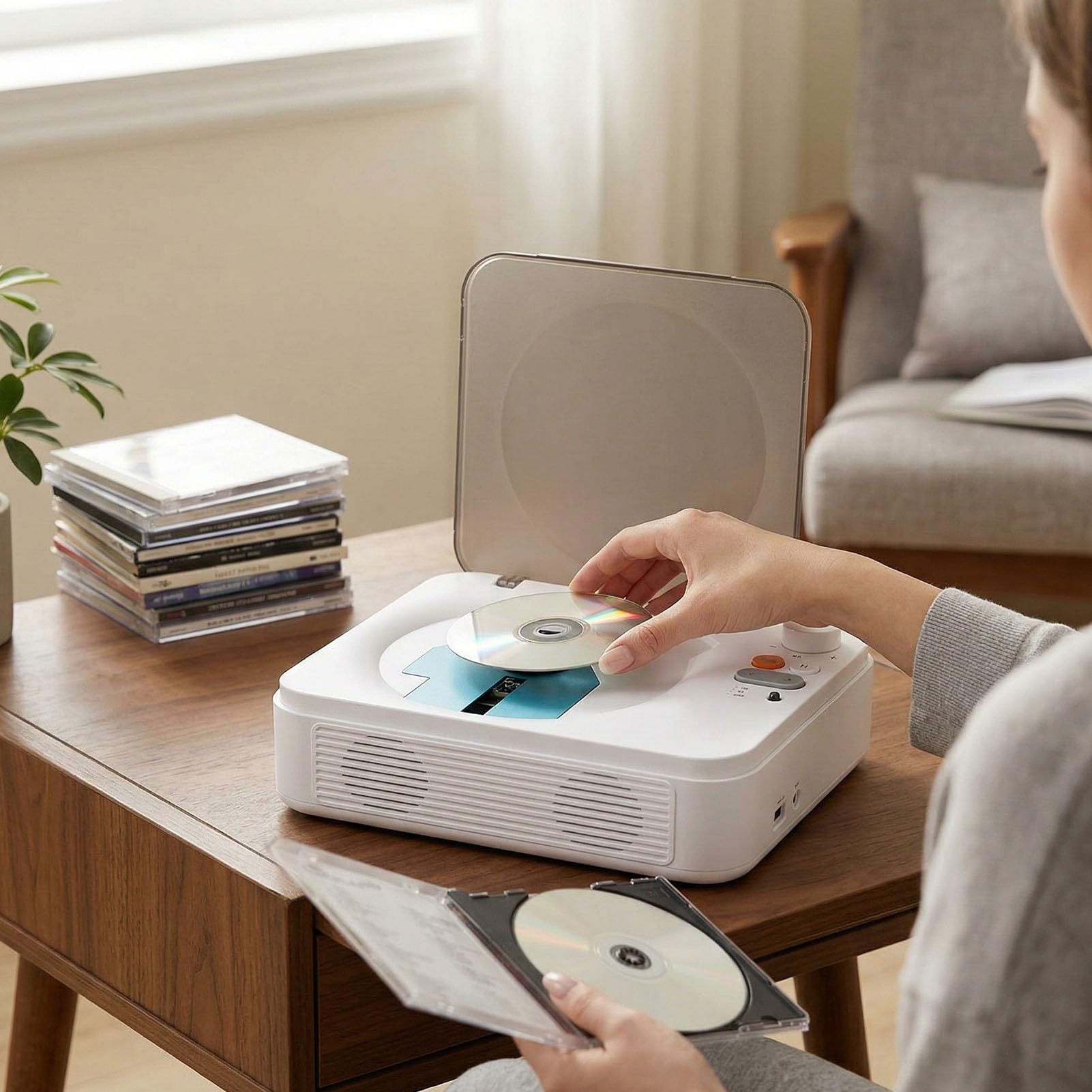 Lettore CD Bluetooth, Lettore CD Desktop retrò Portatile con Doppio Altoparlante, Personale Wireless per Casa e Ufficio, Telecomando, USB, AUX, Batteria da 2600 MAh