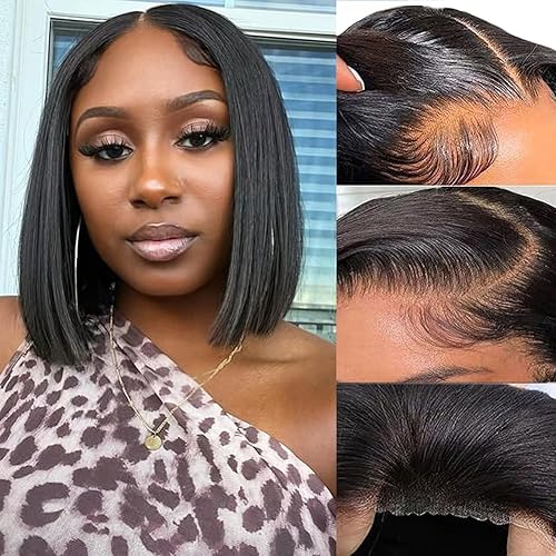 Miniatura 7 de Pelucas de cabello humano brasileño virgen, lacio, corte estilo Bob, con encaje frontal, cabello prearrancado con abuelitos, densidad del 150%, 4 x