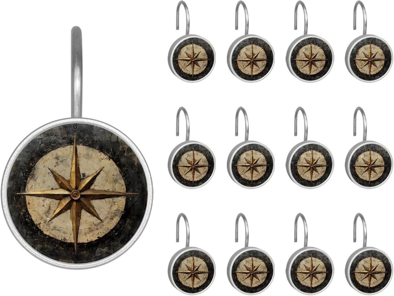 Compass (3) Crystal Glass Shower Curtain Hooks Rings Decorative Bathroom Decor - Set of 12