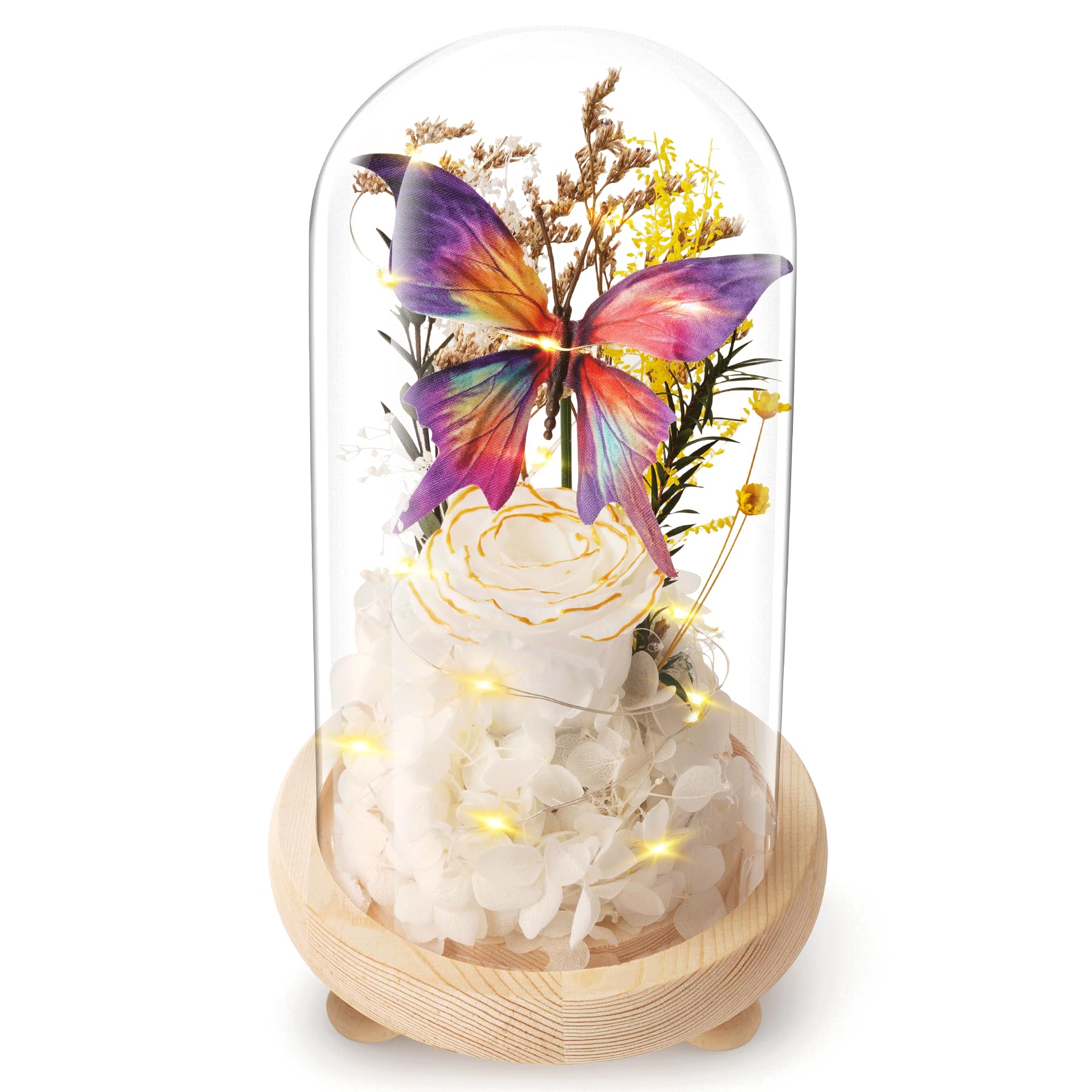 Forever Flowers Preserved Roses Prime Delivery, Romantic Gifts with Light in Glass Dome for Mom Grandma Wife Girlfriend, White Flower for Christmas, Valentine's Day,.Anniversary, Birthday