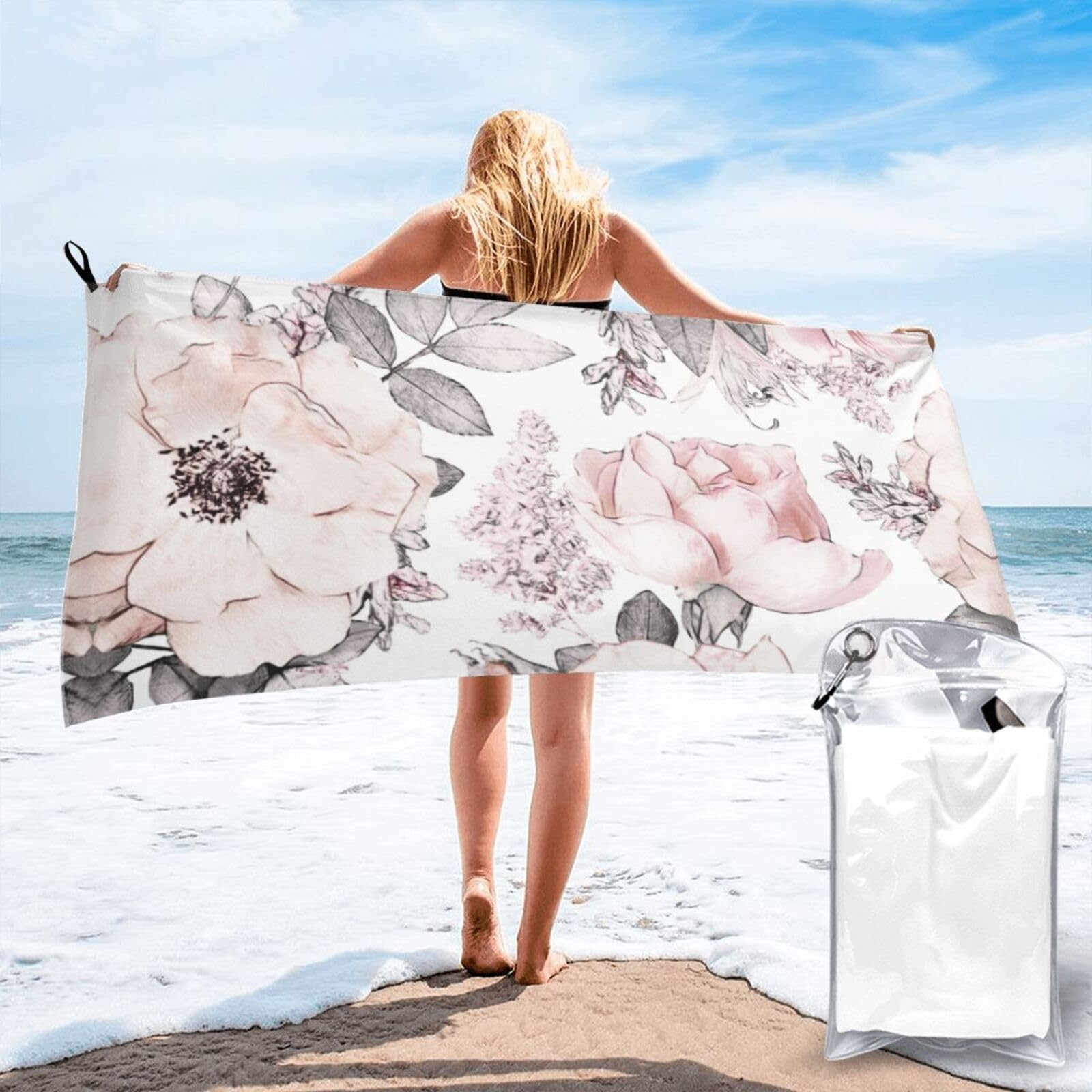 Serviette de bain absorbante 80 x 160 cm motif floral aquarelle chic