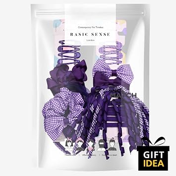 Basic Sense Girls Gingham School Hair Accessories Set & Bobbles, Purple