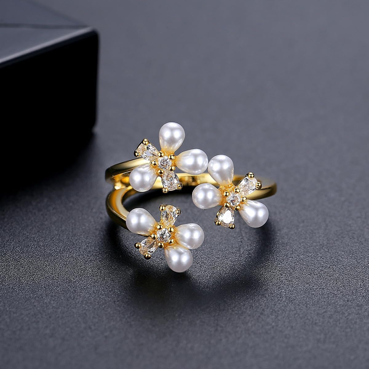 14K Gold Pearl & Moissanite Ring, Floral Open Band Unique Artisan Jewelry for Women