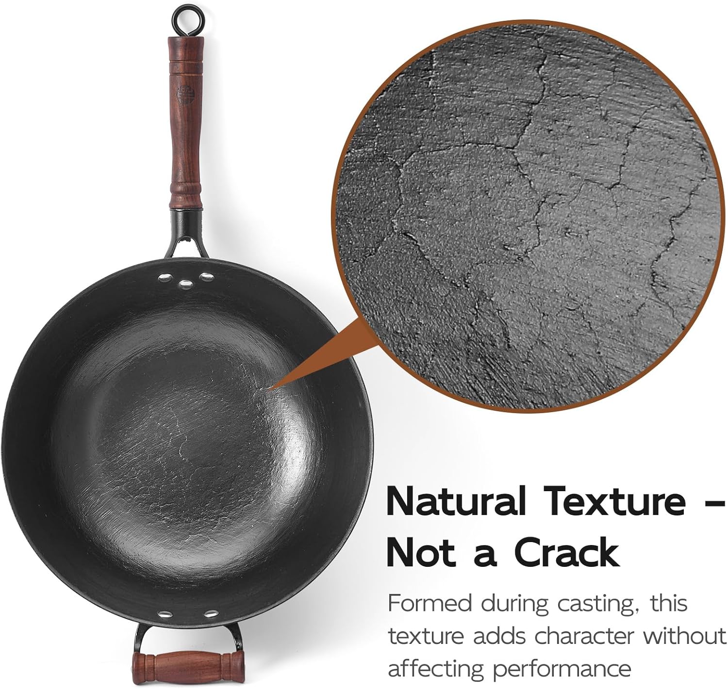 WANGYUANJI Cast Iron Wok Pan with Lid, 13.4 Inch Flat Bottom Uncoated Stir Fry Skillet, Traditional Chinese Iron Pot for 3-5 People, Detachable Walnut Handle, Compatible with Induction & Gas Stoves - Image 2