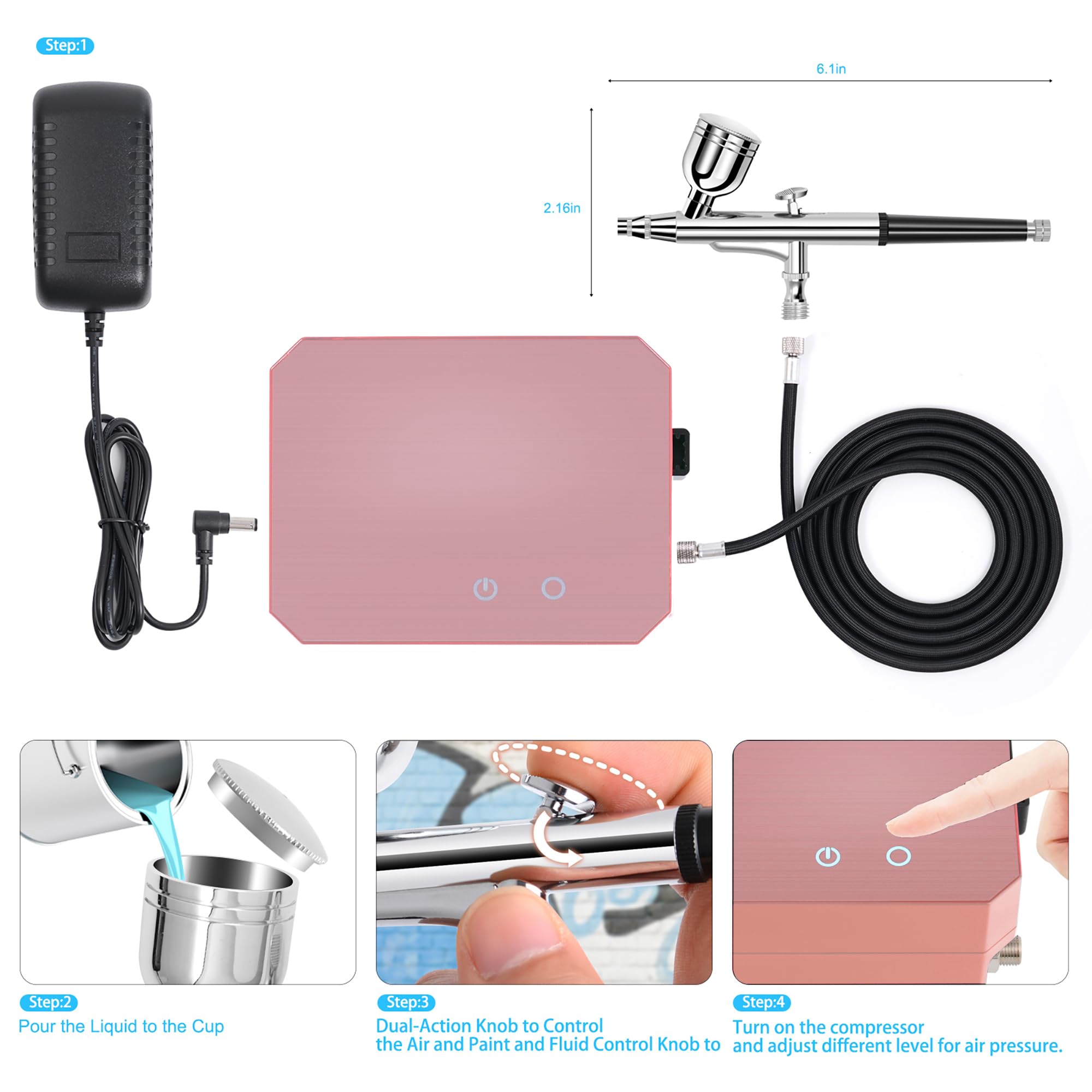 Gocheer Kit de aerógrafo con compresor de aire, cepillo de aire de alta presión de 40 PSI que no se obstruye con boquilla de 0,2/0,3/0,5 mm, juegos de limpieza, ideal para pintar, modelar, decoración
