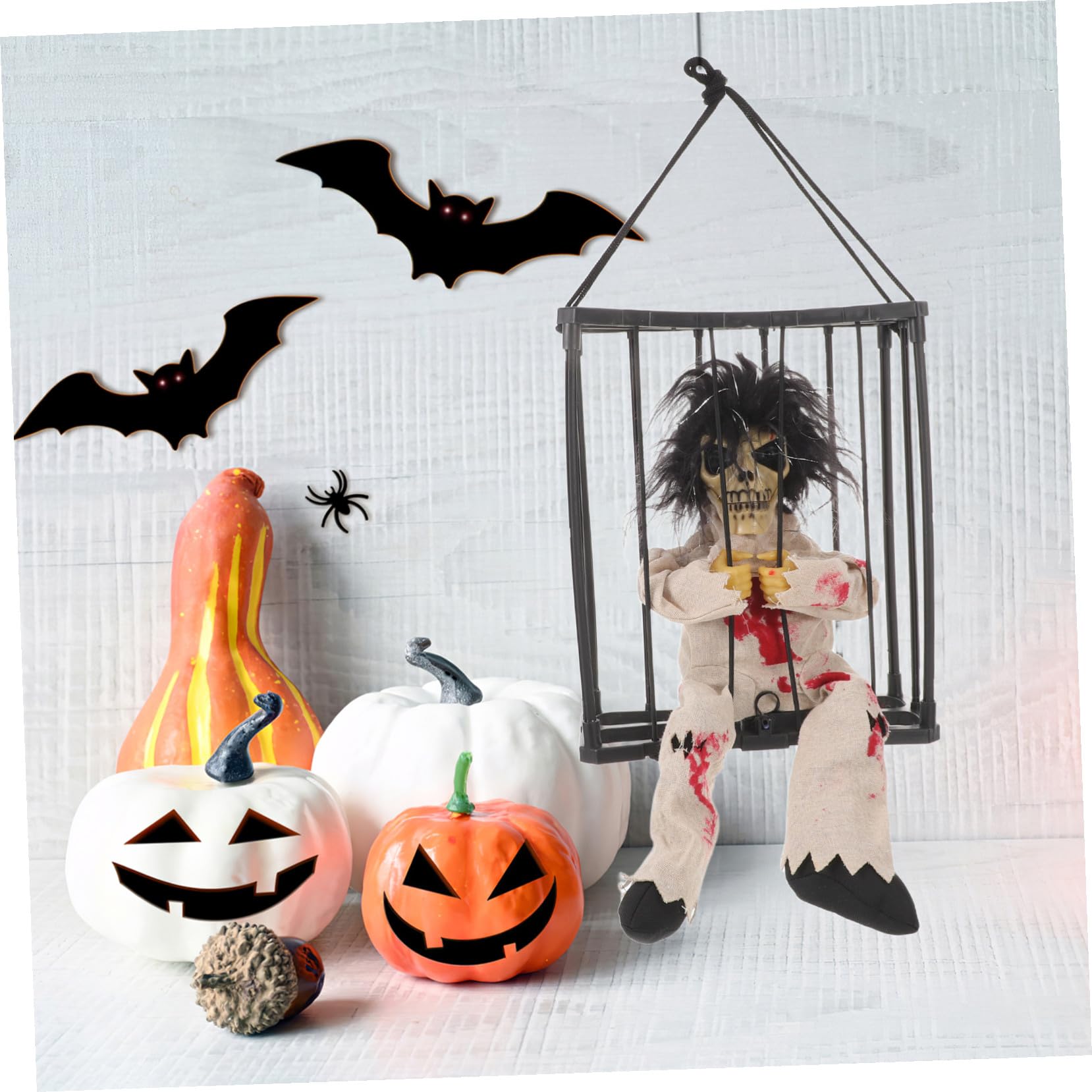 SHINEOFI Halloween Decorazione Gabbia con Scheletro a LED e Suono Spettrale Fantasma Appeso con Stampa Leopardo Sensore di Movimento Ornamento Riutilizzabile per Festa e Giardino