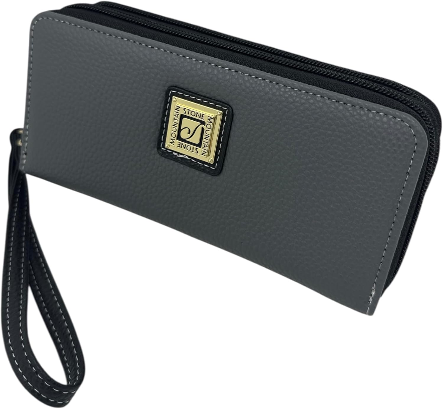 Stone Mountain Double Zip Around Wallet – Large Charcoal Gray Pebble Genuine Leather Wristlet, Women’s Clutch Organizer, 7x2x4 Inches