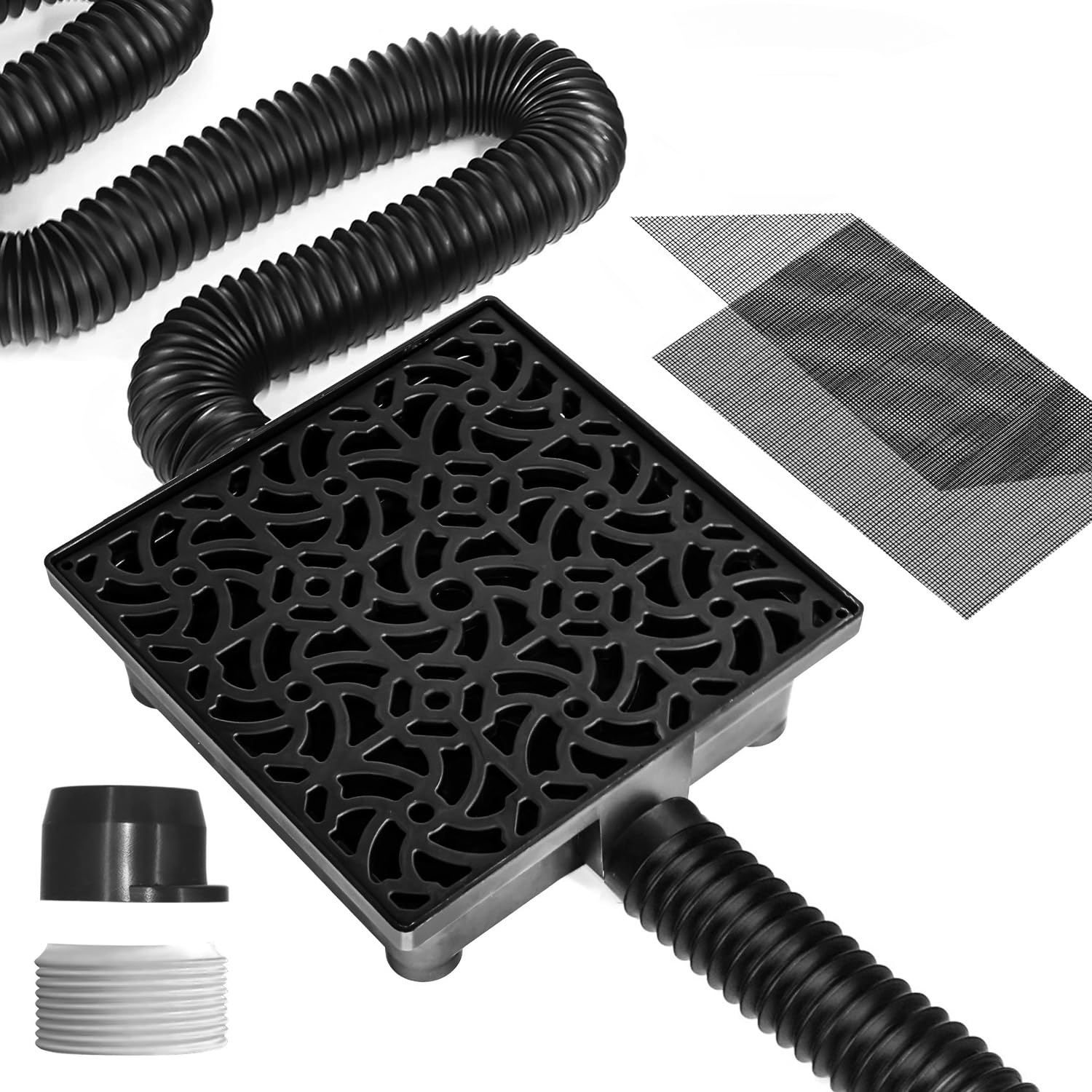 Gutter Downspout Extensions Big Kit, Catch Basin + 2pcs Pipes, Low Profile Downspout Extender - Each Flexible Pipe is 8.2ft - can be Connected into a Whole. Protect Foundation.(Black)