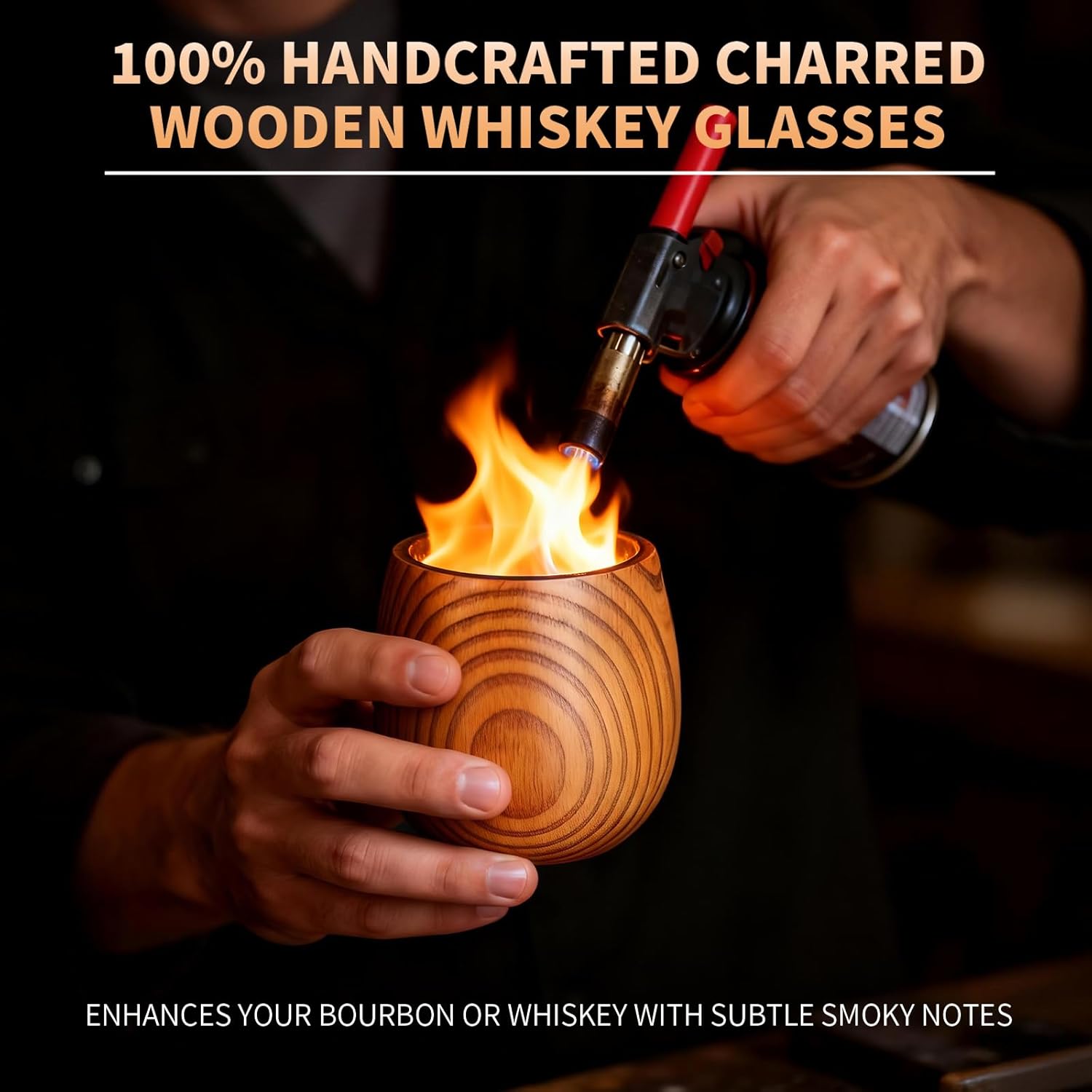 Charred Wooden Bourbon Drinking Glass, 2 Pack Bourbon Gifts for Men Oak Old Fashioned Whiskey Tumbler For Men Great Whiskey Gifts for Men Perfect Presents For Dad or Boyfriend - 10.5oz