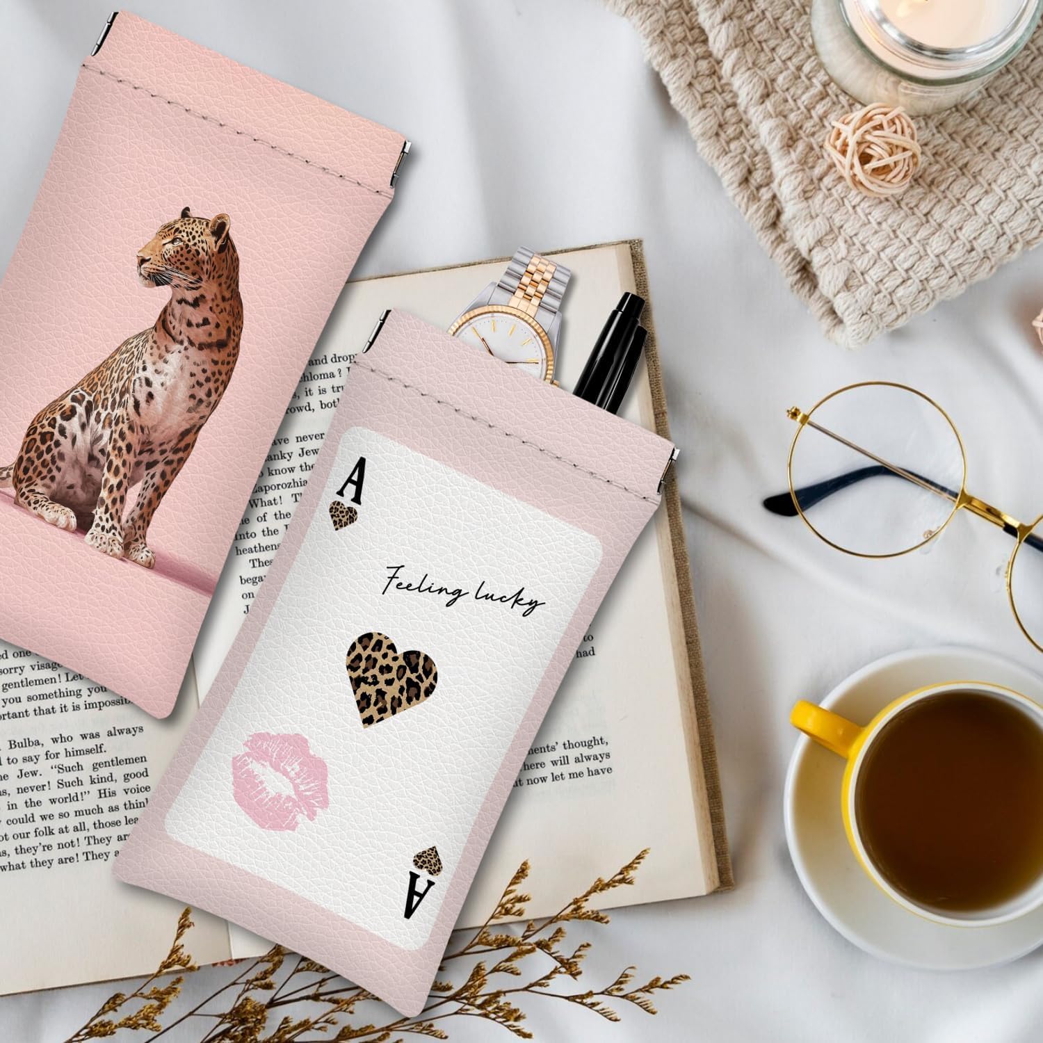 Squeeze Top Glasses Case Pack of 2, PU Leather Soft Sunglass Pouch,Eyeglass Case for Women Men,or Student - Image 6