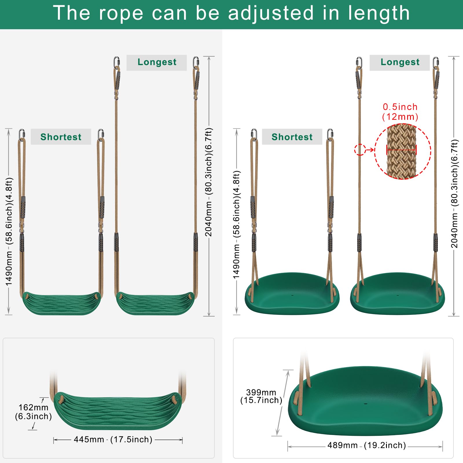 SELEWARE Paquete de 2 Asientos de Columpio de plástico Resistente con Cuerda Ajustable y conexión rápida, Accesorios de Repuesto para niños y Adultos, Columpio de árbol de Patio Trasero para