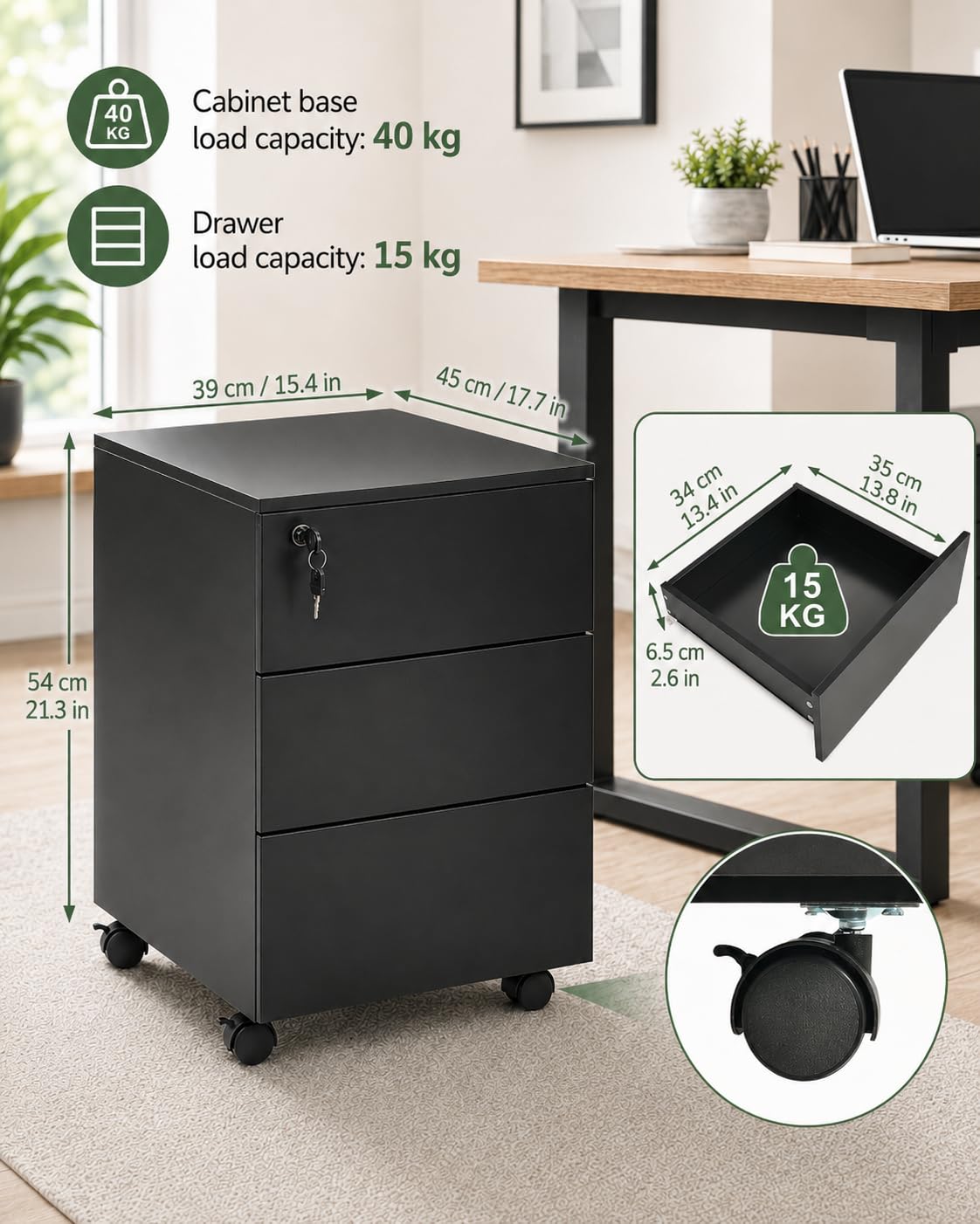 Cassettiera Scrivania Ufficio con Ruote e Chiave, Cassettiera Nera 3 Cassetti, Schedario da Ufficio, Mobile Ufficio sotto Scrivania, Mobiletto con Chiave, 39 x 45 x 54 cm