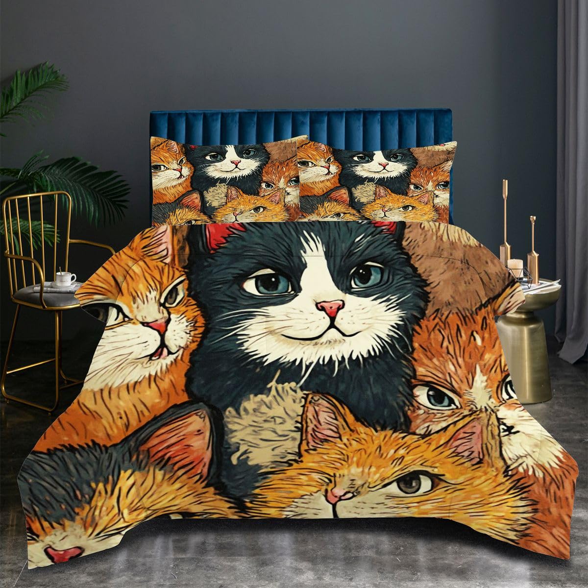 Edredón 135x200 cm Gato De Dibujos Animados, Reversible Juego de Cama 135x200 en Microfibra, 3D Impresión Nórdico con 2 Funda de Almohada 50x75