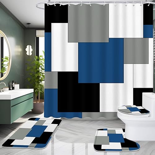 Juego de 4 piezas de baño azul real con cortina de ducha y alfombras, juego de baño geométrico blanco y azul, juego de cortina de ducha azul de 71 x
