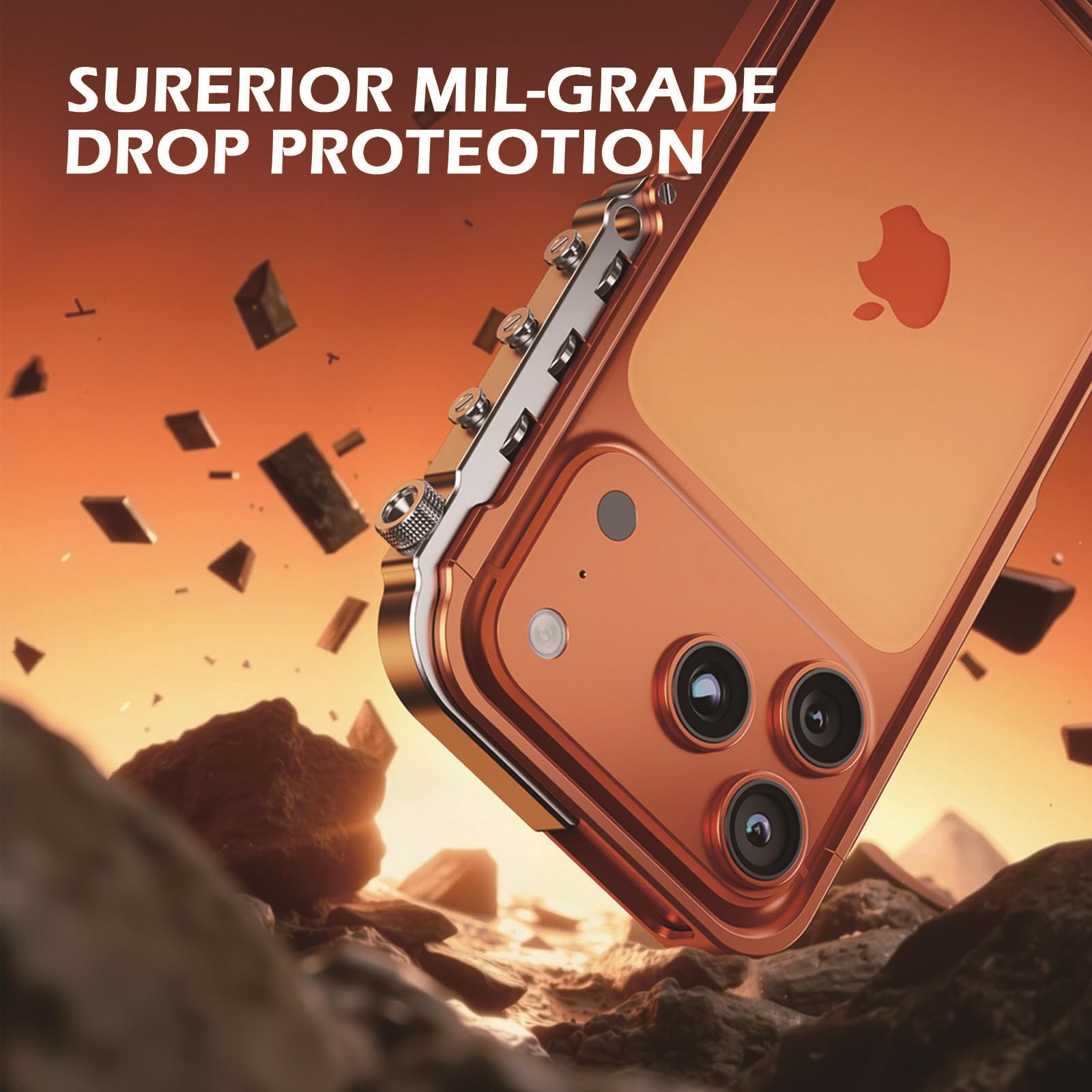 Metalowa ramka etui na iPhone'a 17, innowacyjne mechaniczne przyciski, minimalistyczne, smukłe, aluminiowe, puste, bez pleców, rozpraszanie ciepła, bez zakłóceń sygnału, pomarańczowe