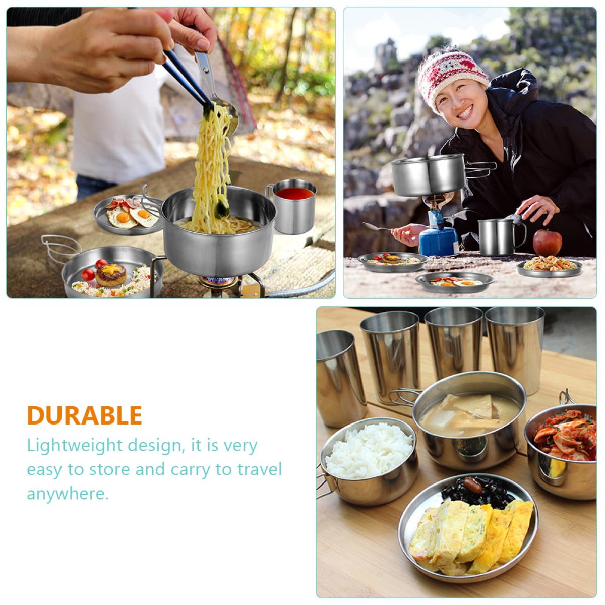 Hemobllo Camping Kochgeschirr 8 Stück Edelstahl Tragbares Outdoor Kochpfannen Picknick Kochgeschirr mit Tasche für Wandern Camping Grillen