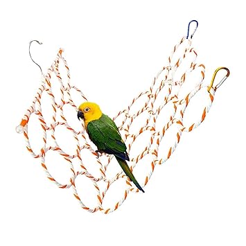Bird Hemp Rope Net Swing,Parrot Perch Climbing Rope Ladder,Hammock Hanging on Parakeet Cage wiht 2 Hooks,Chew Toys for Greys Cockatoo,Cockatiel,Conure,Lovebirds,Canaries,Little Macaw 13.8