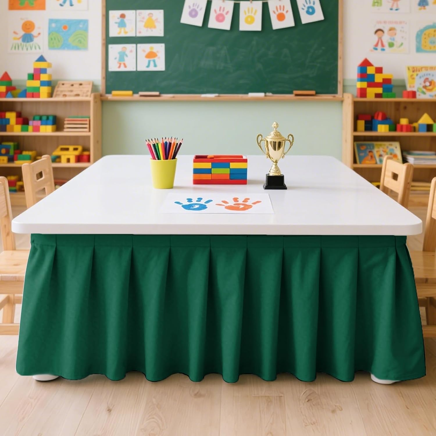 9FT Teacher Table Skirt for Classroom Rectangle Desk Skirt Back to School Supplies for Bookcase Cabinet Decorations, Yellow