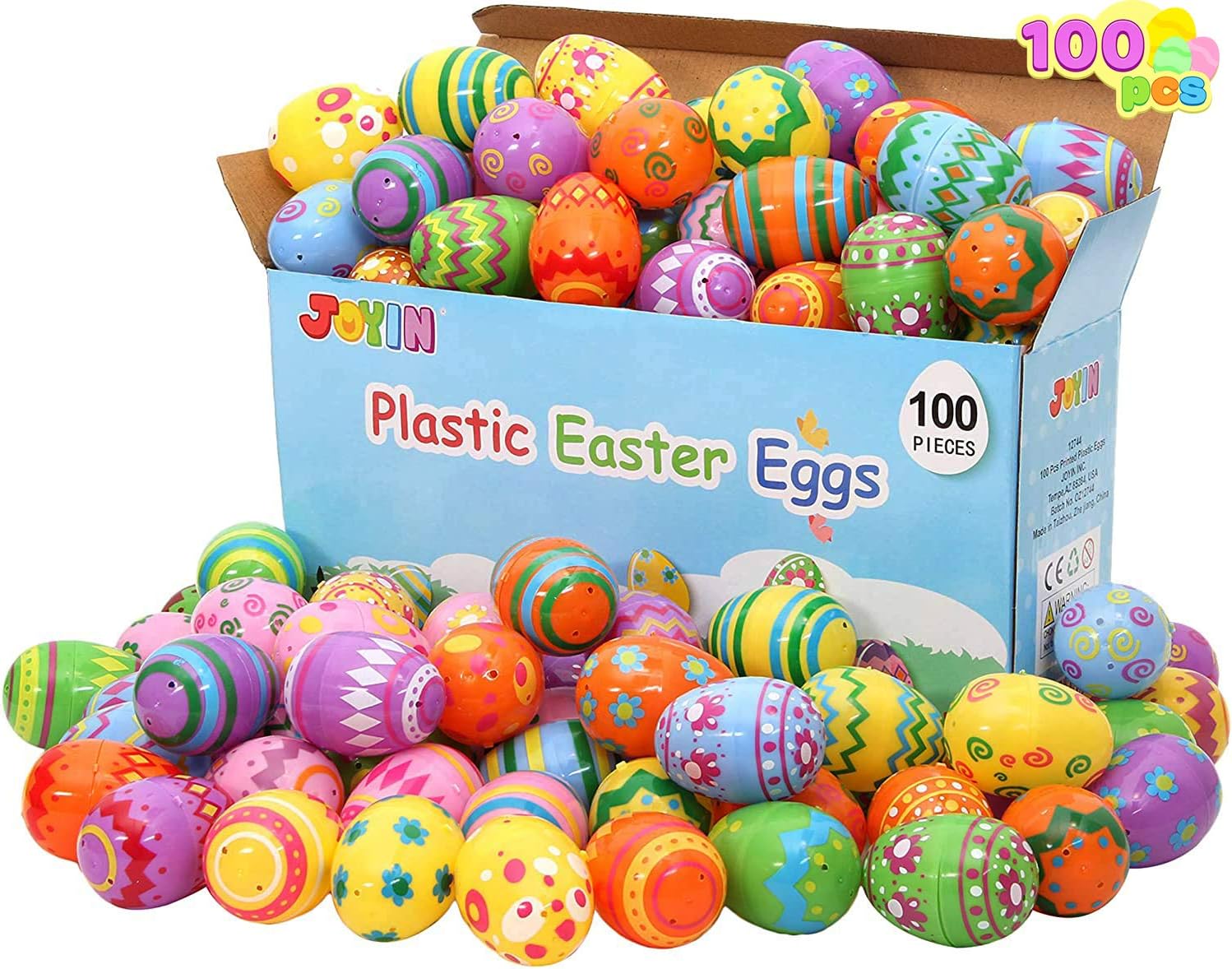 JOYIN 100 Pcs Plastic Printed Bright Easter Eggs 2.3" Tall for Easter Hunt, Basket Stuffers Fillers, Classroom Prize Supplies, Filling Treats and Party Favor