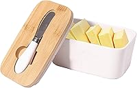 Vista 1 de Mantequillera hermética de porcelana con cuchillo, manteca rectangular hermética blanca con tapa de madera, recipiente grande de cerámica, 6.8 x 3.5