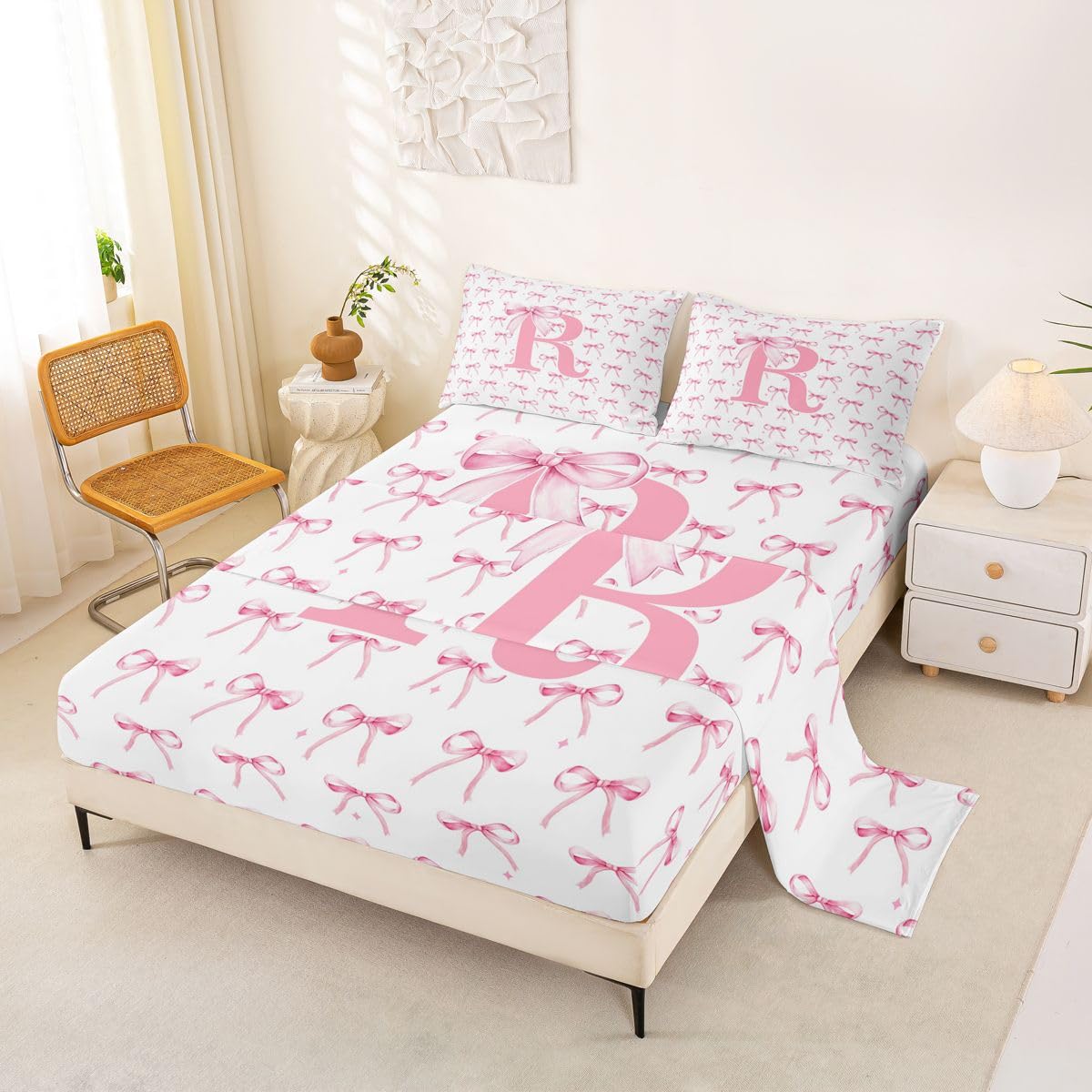 Homewish Urocza księżniczka kokarda zestaw prześcieradeł podwójny spersonalizowany inicjał R prześcieradła romans monogram pościel - kokarda zestaw pościeli 4-częściowy