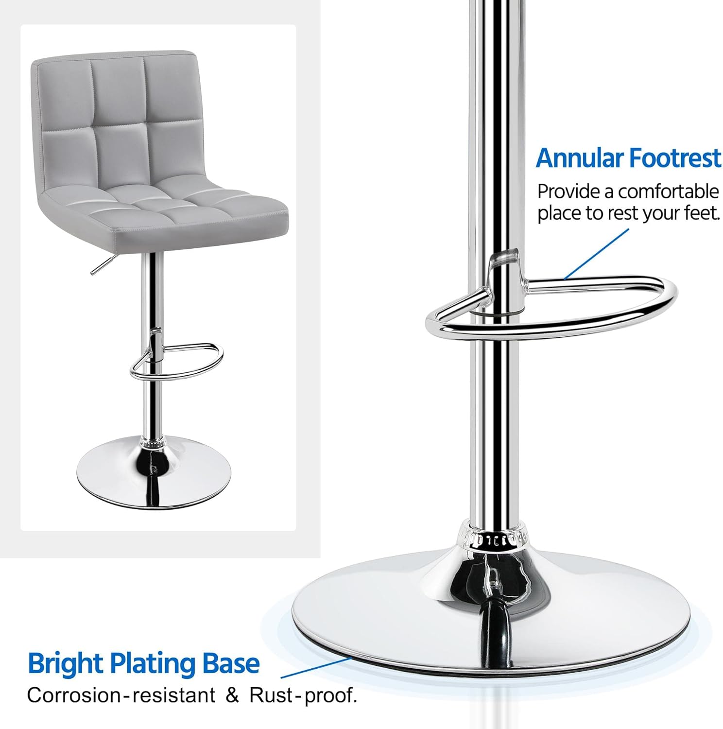 Topeakmart 2pcs Adjustable Modern Bar Stools Swivel PU Leather Stool Chair Back Kitchen Island Counter Height Swivel Bar Stool, Light Grey