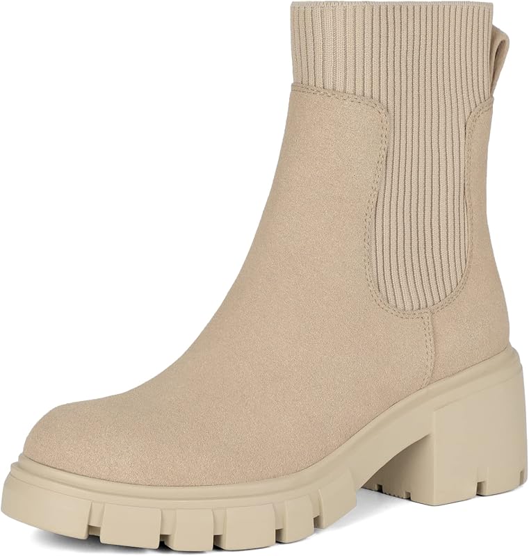 Botines Chelsea con plataforma gruesa Athlefit para mujer | Botines de moda con suela de lengüeta, ideales para uso diario en otoño o invierno, caminar, trabajo de oficina, salidas informales
