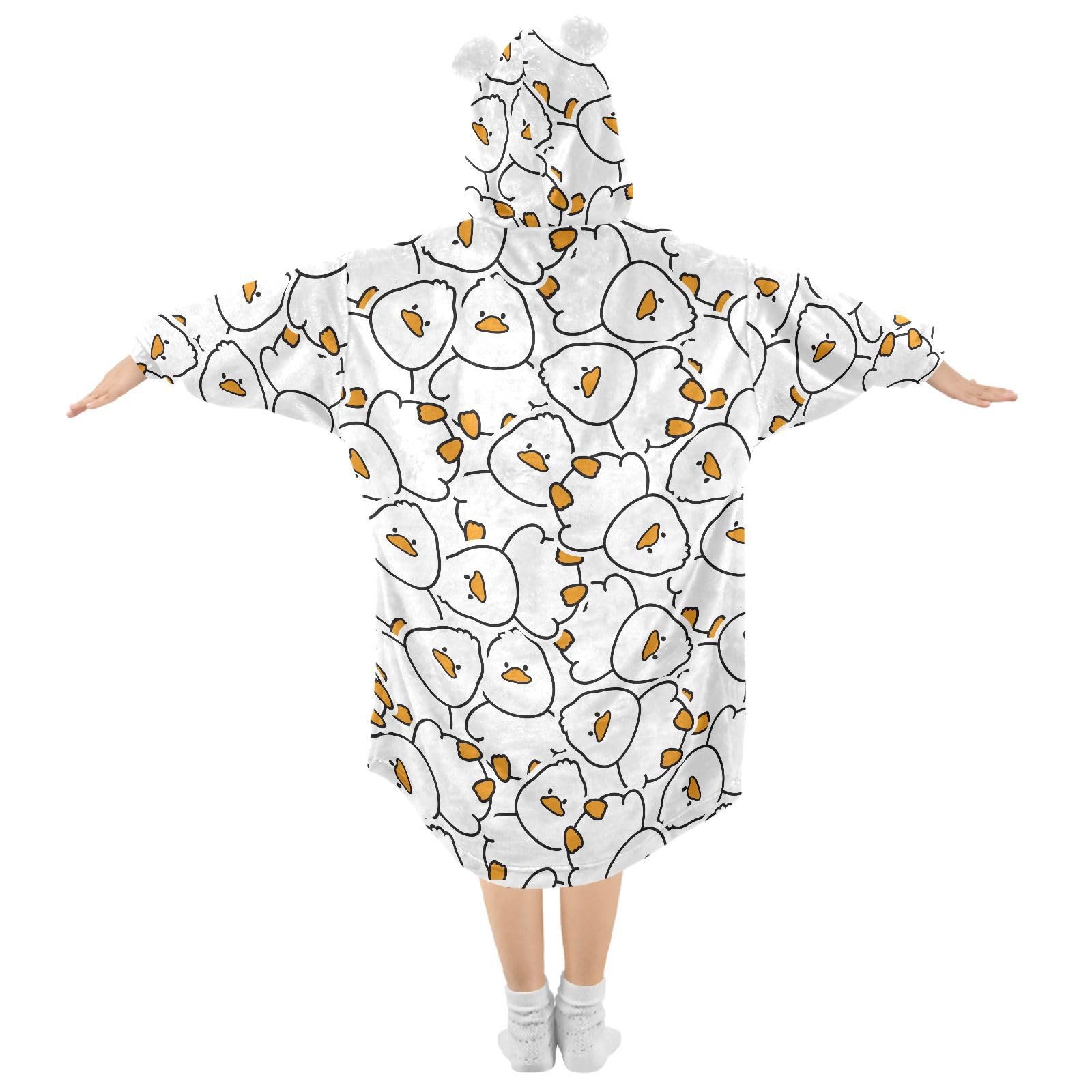Wearable Blanket Hoodie for Girls Boys Adult, Cute White Duck Oversized Super Warm Plush Sherpa Hoodie Fuzzy Warm Flannel Blanket Sweatshirt with Roomy Pocket, Medium