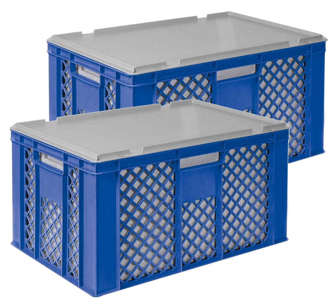 BRB Set, 2x 31,6 Liter Thermobox aus EPS in Eurobox durchbrochen 600x400x320, blau, mit Deckel grau