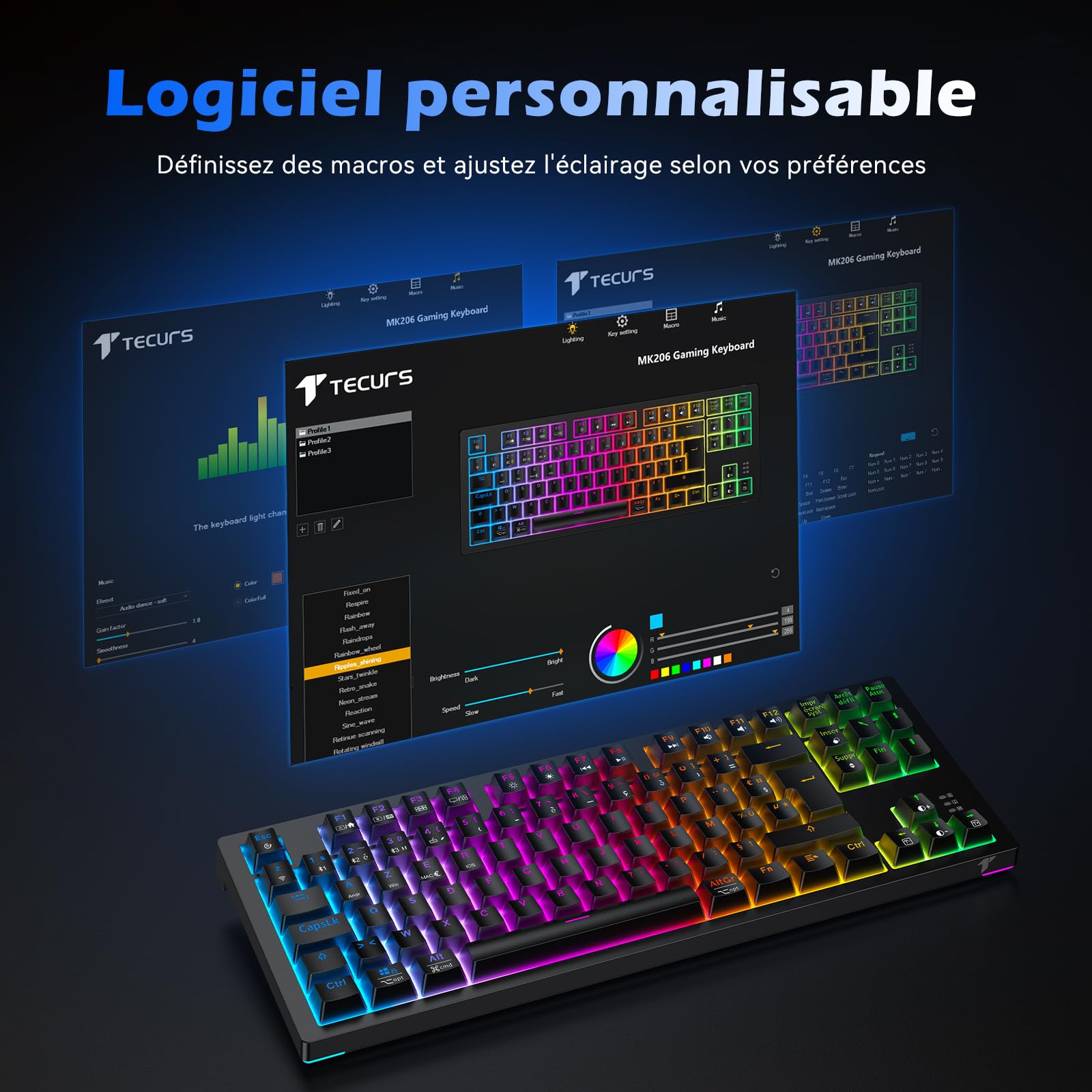 TECURS Tastiera Gamer Meccanica Wireless 80% TKL AZERTY, Tastiera Gaming Bluetooth/2.4Ghz/USB-C Programmabile con Interruttore Rosso, Tastiera Meccanica di Gioco RGB per PC/PS5/Win/Mac/Android/iOS,