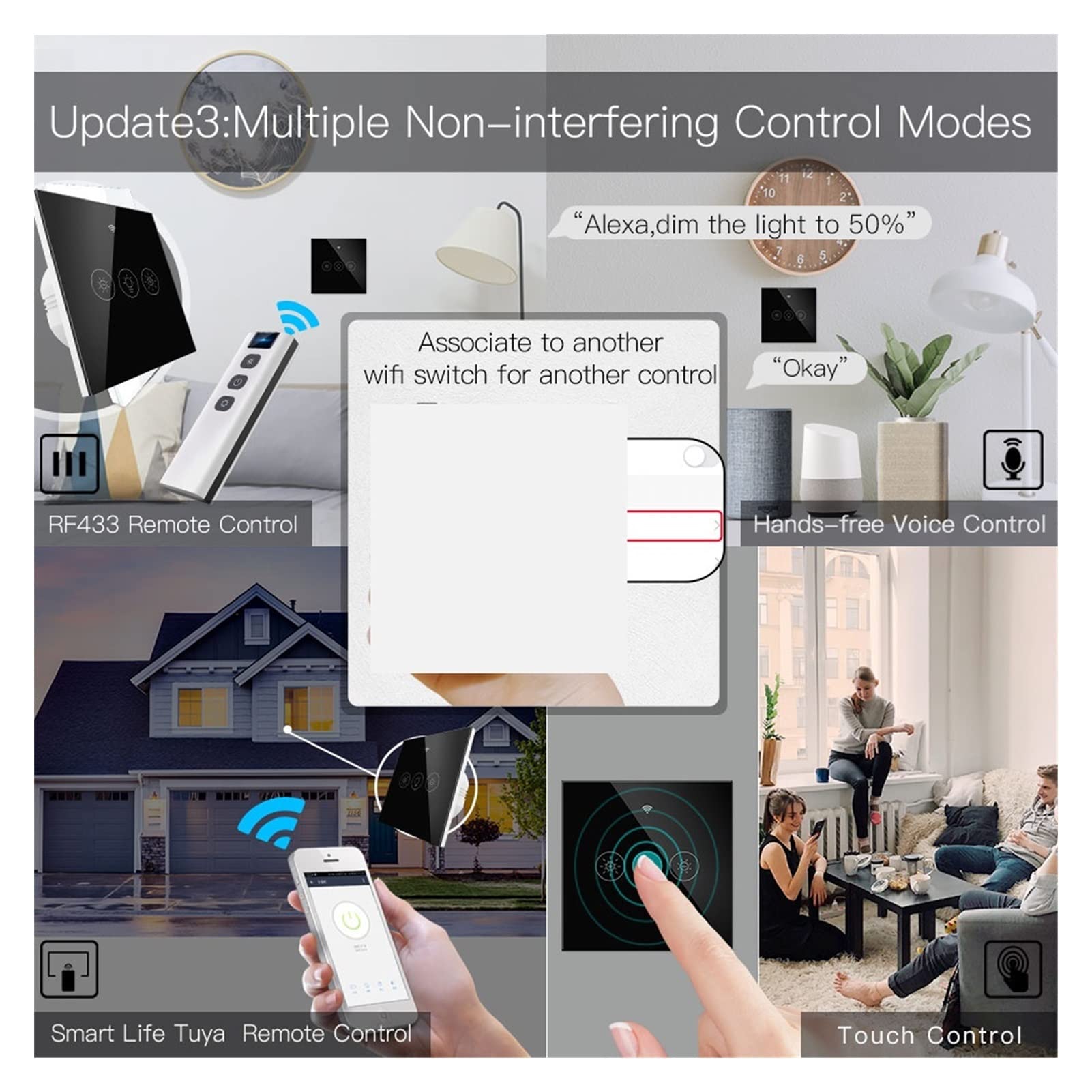 Interruptor Inteligente WiFi Interruptor de atenuación de luz Inteligente 2/3Way Muilti-Control Smart Control Work Smart Light Switch (Color : 4 Tamaño : W) (6 W)