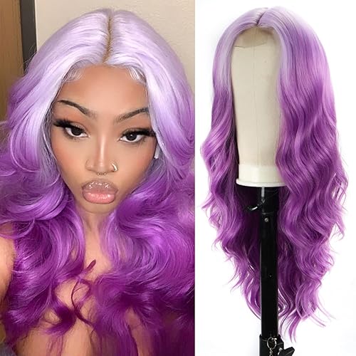 Halcyon Peluca larga gris para mujer, peluca ondulada gris de 26 pulgadas, parte media, aspecto natural, pelucas de fibra sintética resistente al