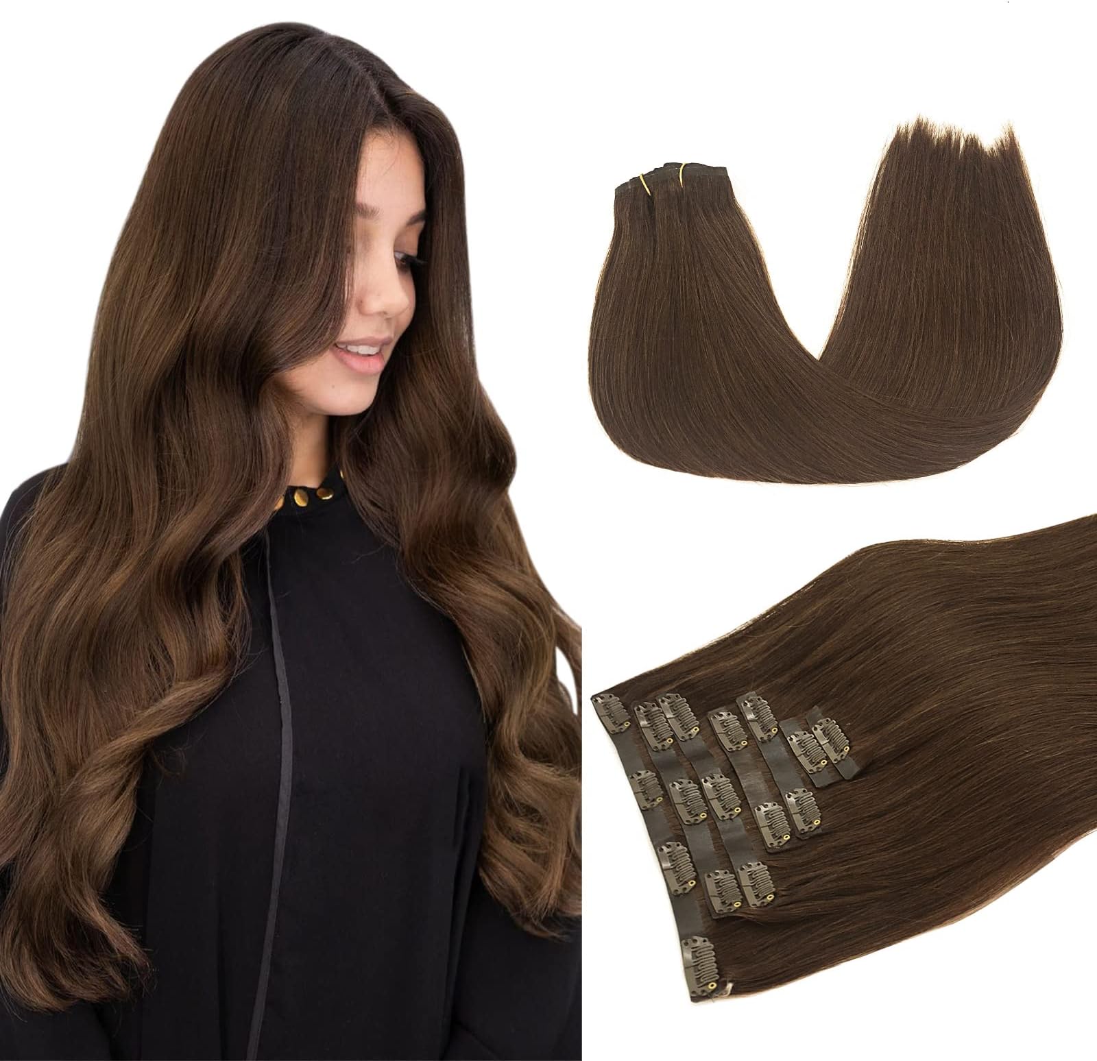 Amazon.com : DOORES Clip in Hair Extensions, Chocolate Brown 16 Inch ...