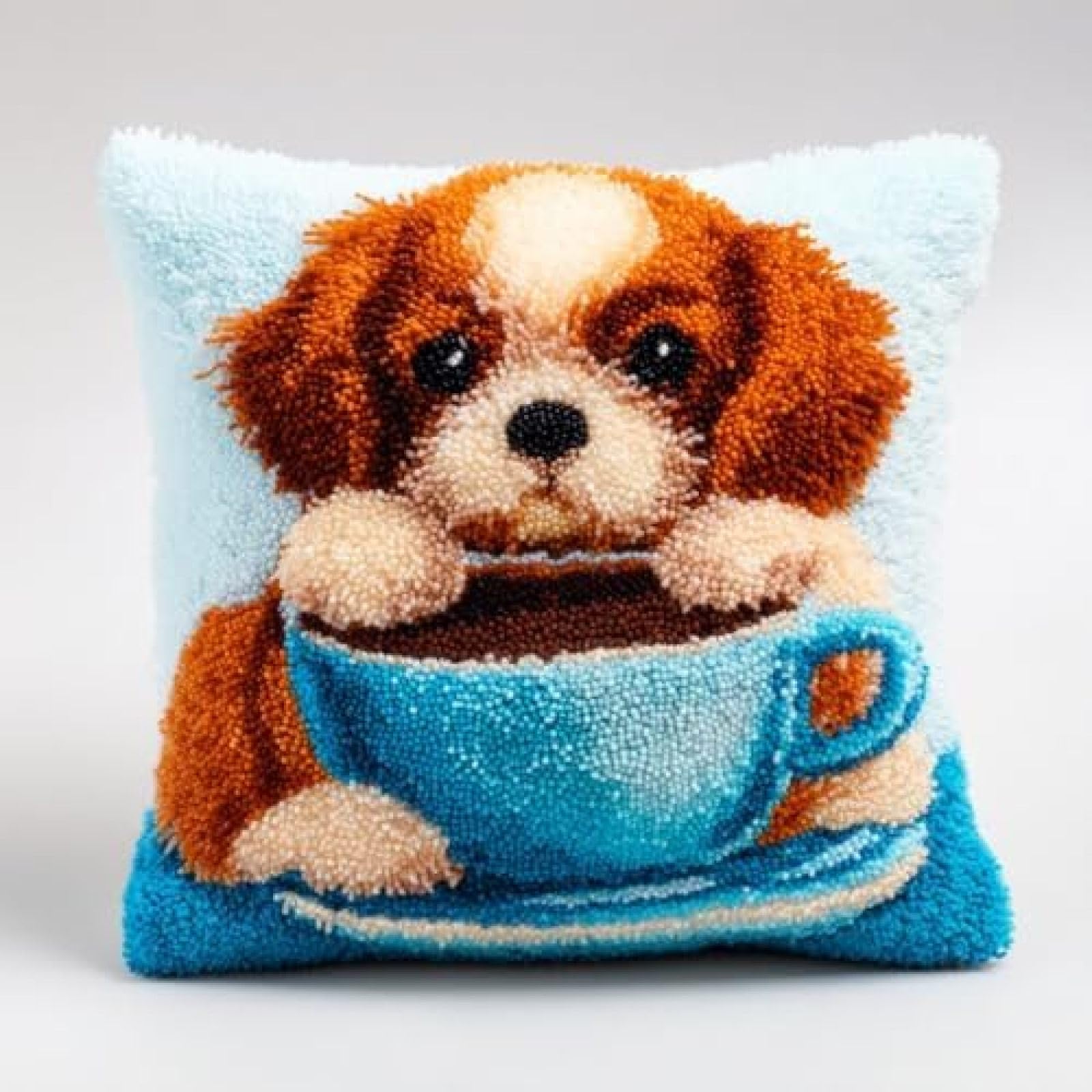 kitphoenix Latch Hook Kit for Adults Beginners,Cavalier King Charles Dog Drink Coffee,DIY Cushion Cover Kit,Rug Hooking Craft Kit with Pre-Printed Canvas,Yarn and Hook,43x43 cm Pillow Cover