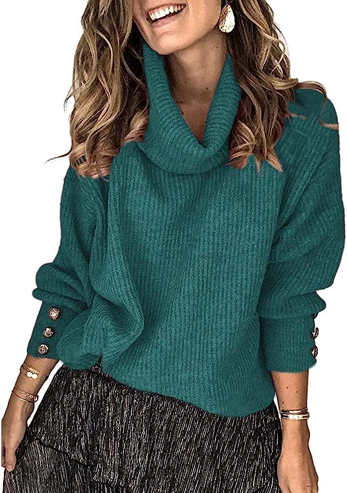 Wenrine Pull à col roulé pour femme - Manches longues - Décontracté - Chaud - Tricoté avec boutons en métal