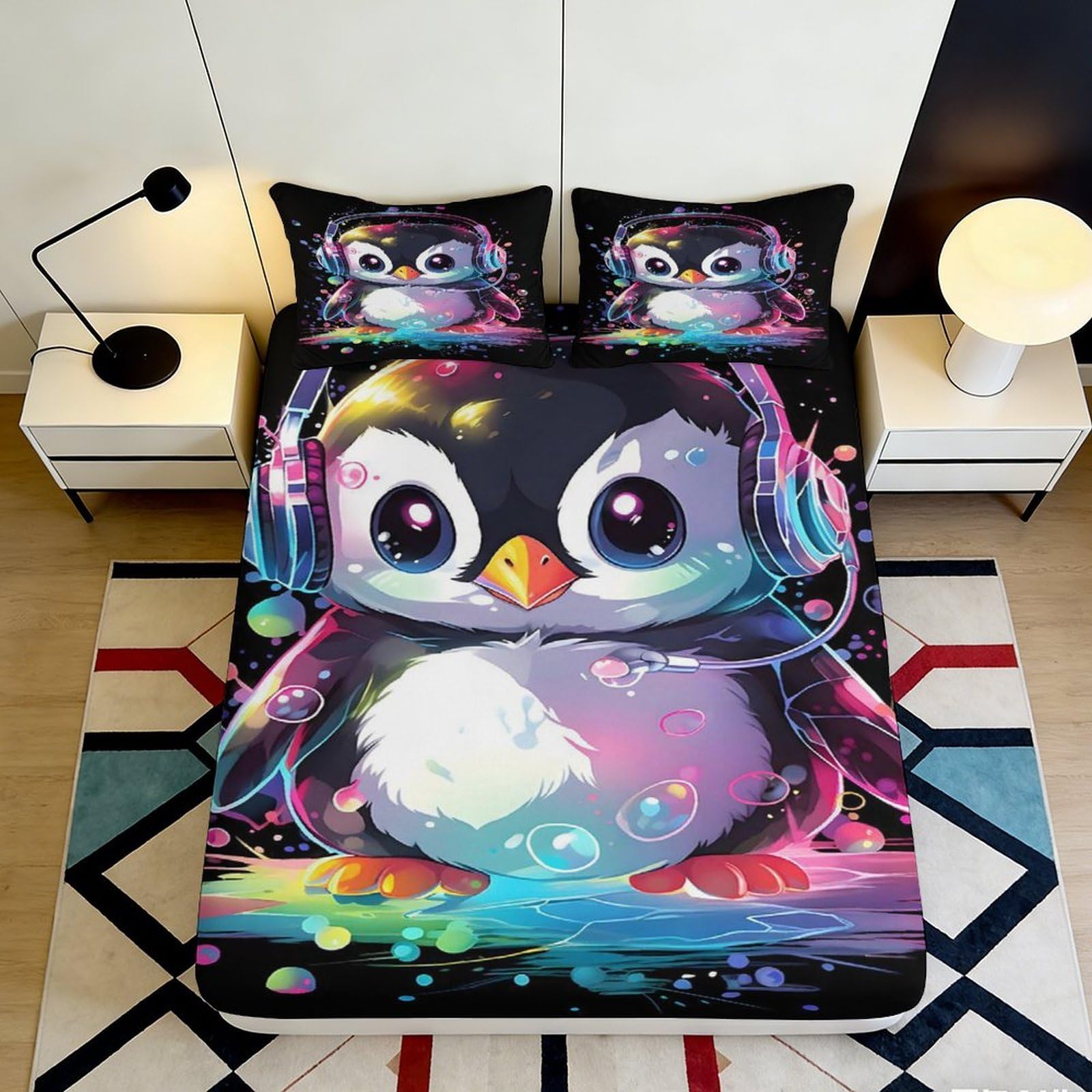 Jqzkxnhpbr Style-8 3D Printed Cute Penguin Fitted Sheet Microfiber Vibrant Headphones Bed Sheet For Bedroom Decor Dorm Mattress Cover 90X200x25cm