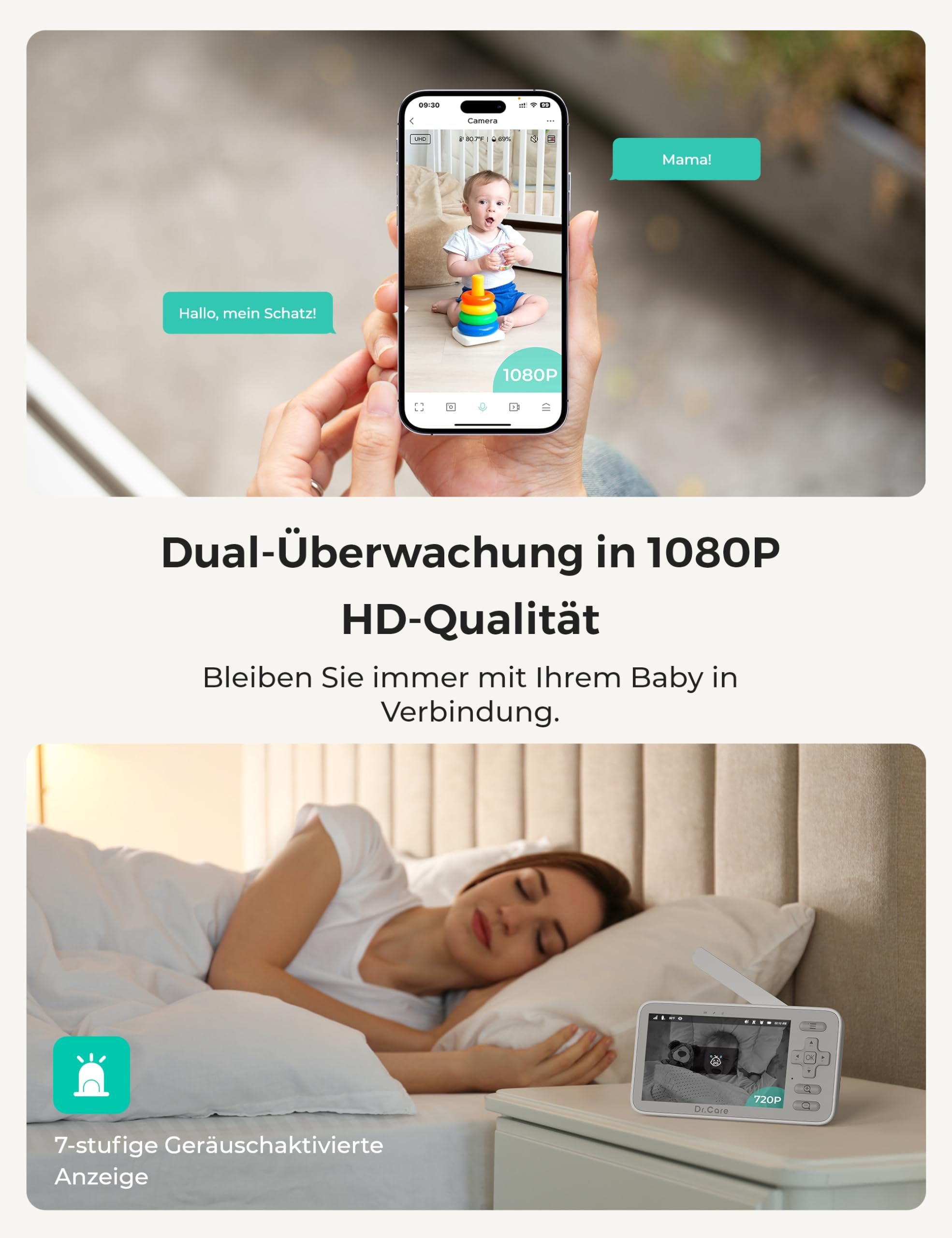 Dr.Care VistaView Lite WLAN Babyphone mit Clip-Halterung – 4" 720P Split-Screen & 1080P Kamera, App-Steuerung, Bewegungsalarm, Nachtsicht, 2-Wege-Audio, Aufnahme