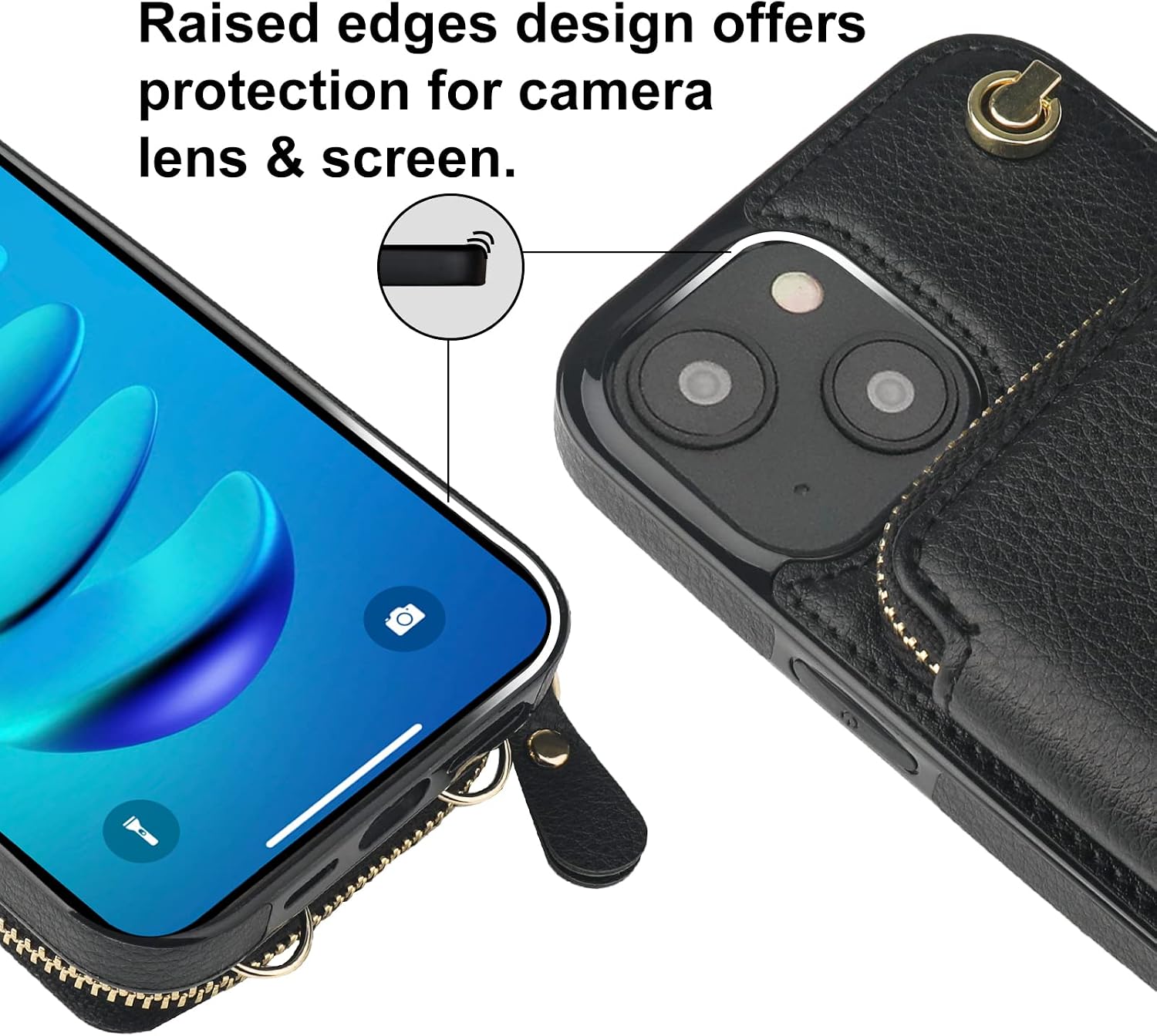 Bocasal Crossbody Wallet Case for iPhone 14 Plus, RFID Blocking Leather Purse Case with Card Holder, Protective Handbag Flip Cover with Zipper Wrist Strap Lanyard for Women 5G 6.7 Inch (Black)