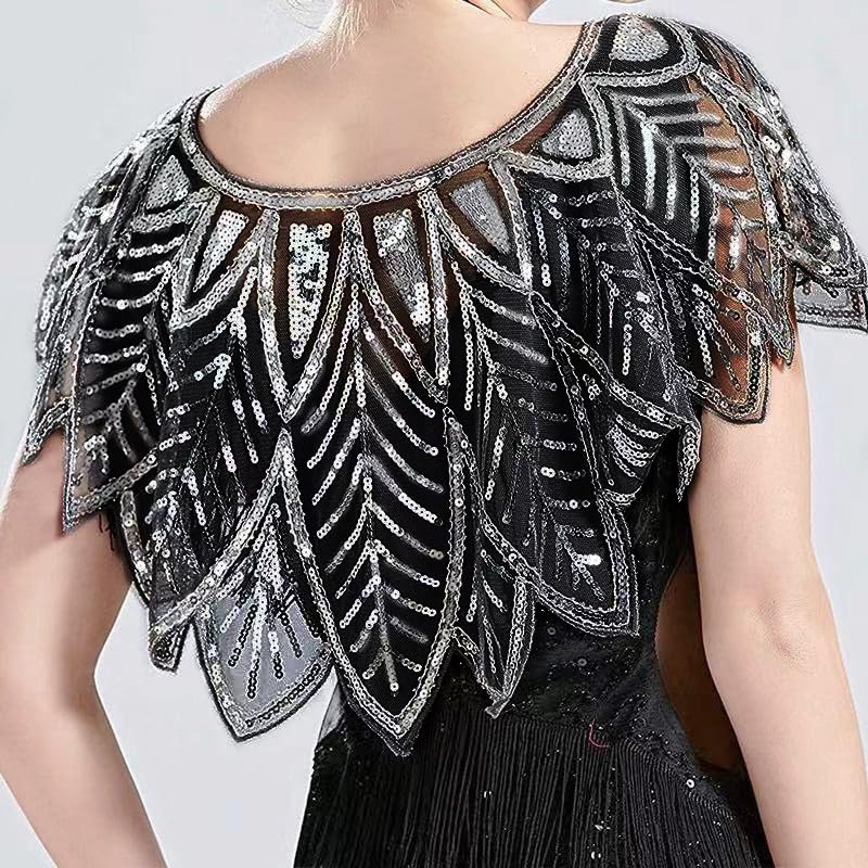 1Pcs Sequins Leaf Lace Flapper Shawl Wraps Vintage Sequin Beaded Evening Cape Women Dress Cheongsam Classic Shawl3