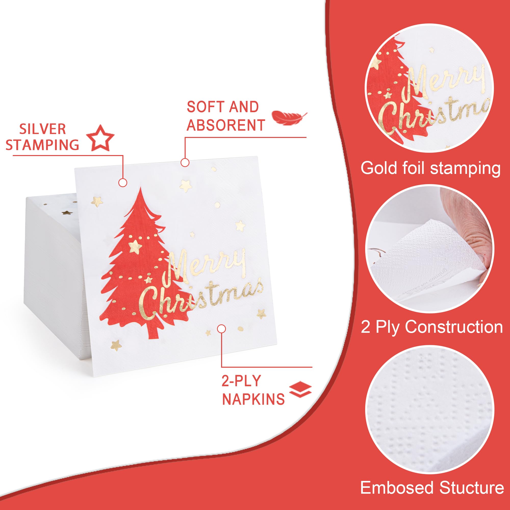 BeBesta 80 Pack Merry Christmas Paper Napkins Red Green Gold Xmas Tree Disposable Party Luncheon Napkins for Christmas New Year Holiday Dinner Party Supplies, 6.5 x 6.5 Inch (Red)