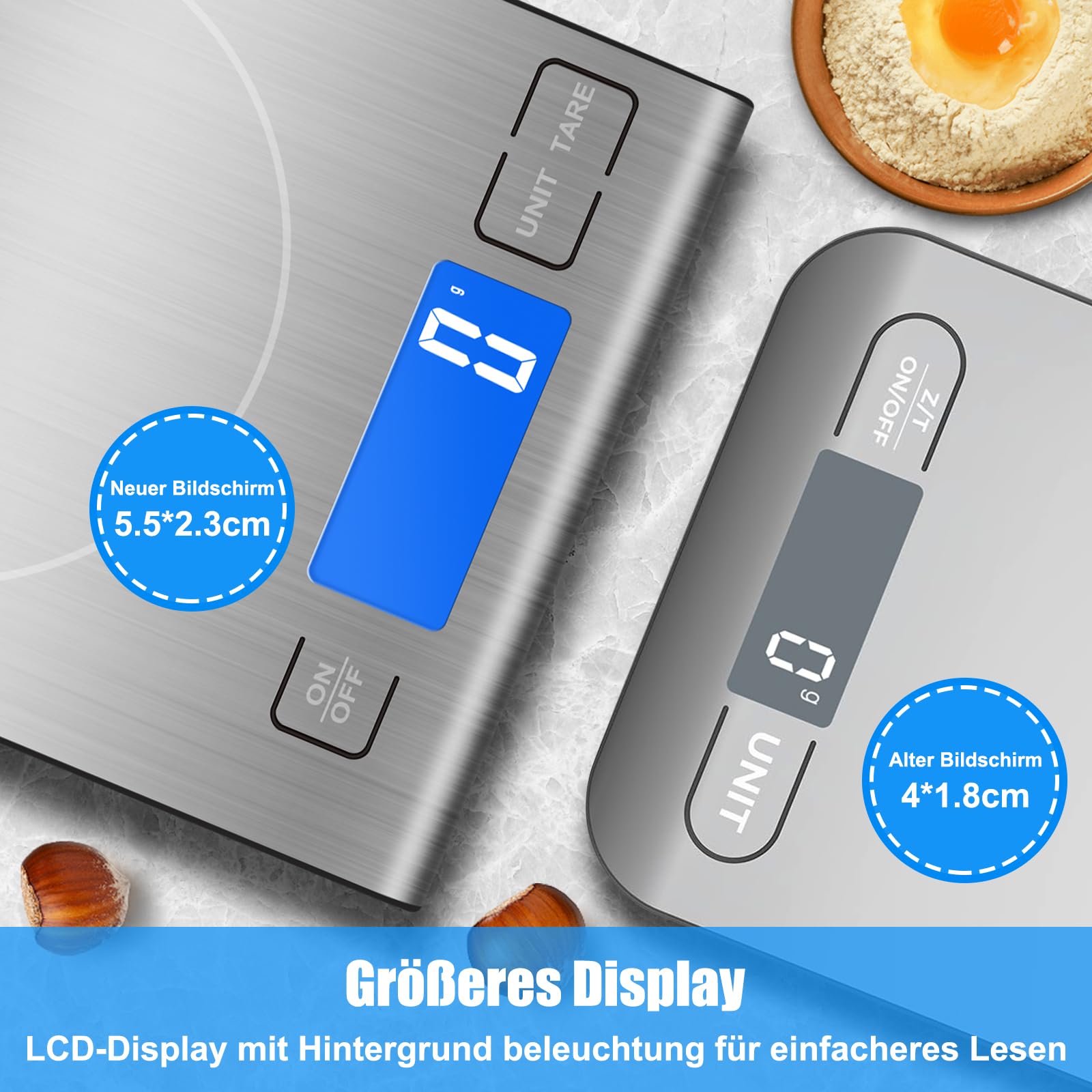 Diyife 15kg Küchenwaage Wiederaufladbar Lebensmittelwaage für Kochen Backen | 304 Edelstahl Küchenwaage Digital, Digitalwaage Briefwaage mit LED-Display &Tara Funktion, Batterien und Typ-C Aufladen
