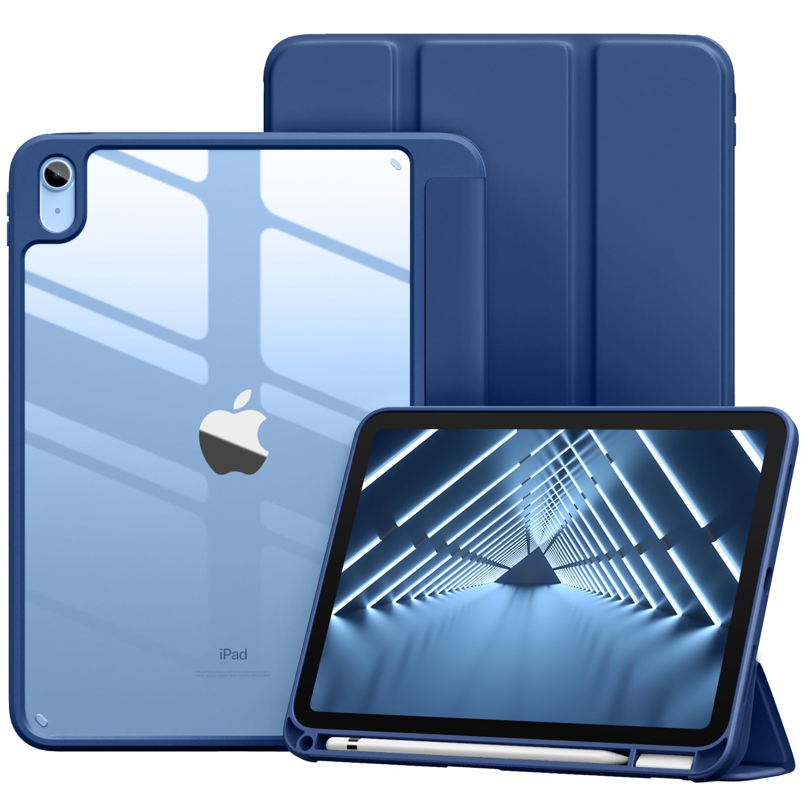 Vobafe Case for iPad A16 11th Generation 11 inch 2025/iPad 10th Generation 10.9 inch 2022, PC Clear Back Cover, Trifold Stand for iPad 11th/10th Gen with Pencil Holder, Auto Wake/Sleep, Deep Blue