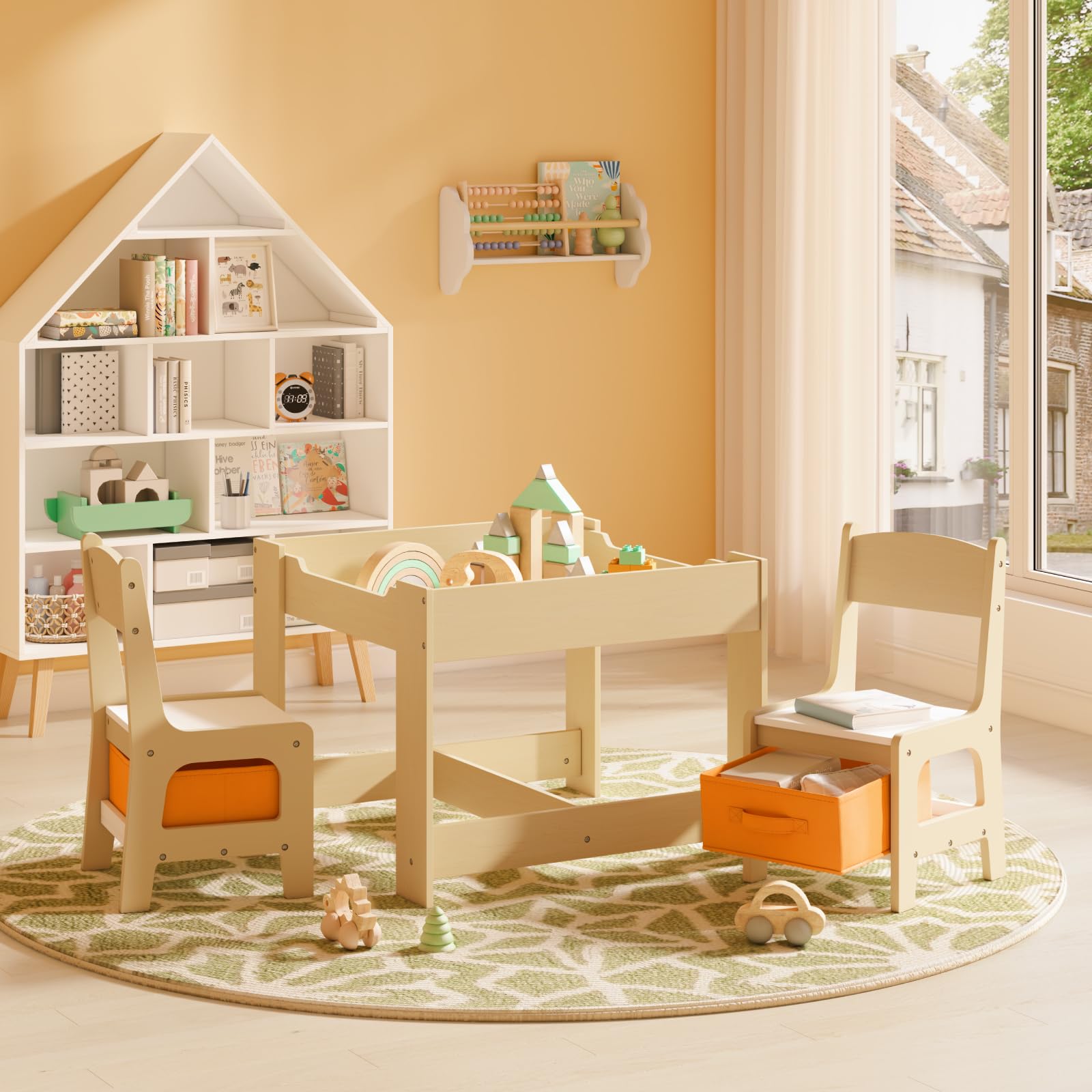 WOLTU Set Mobili con Lavagna Contenitore Tavolo e Sedie per Bambini Soggiorno Tavolino con 2 Sgabelli in Legno