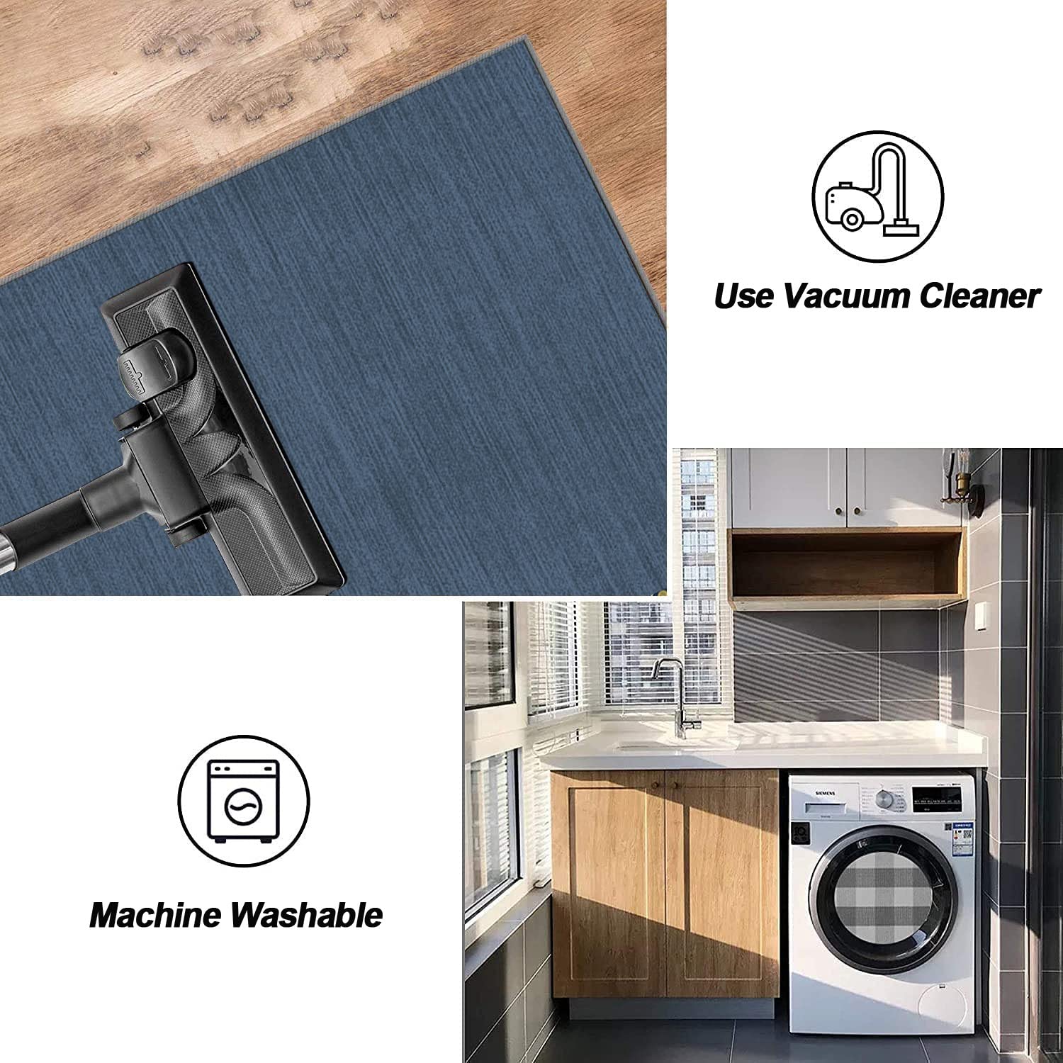 Teppich Läufer Flur rutschfest Modern Lang Teppichmatten 80x200CM Navy Blau Kücheläufer Meterware Teppichläufer Waschbar Kurzflor Polyester Korridor Schlafzimmer, Anpassbar Breite 40-120cm