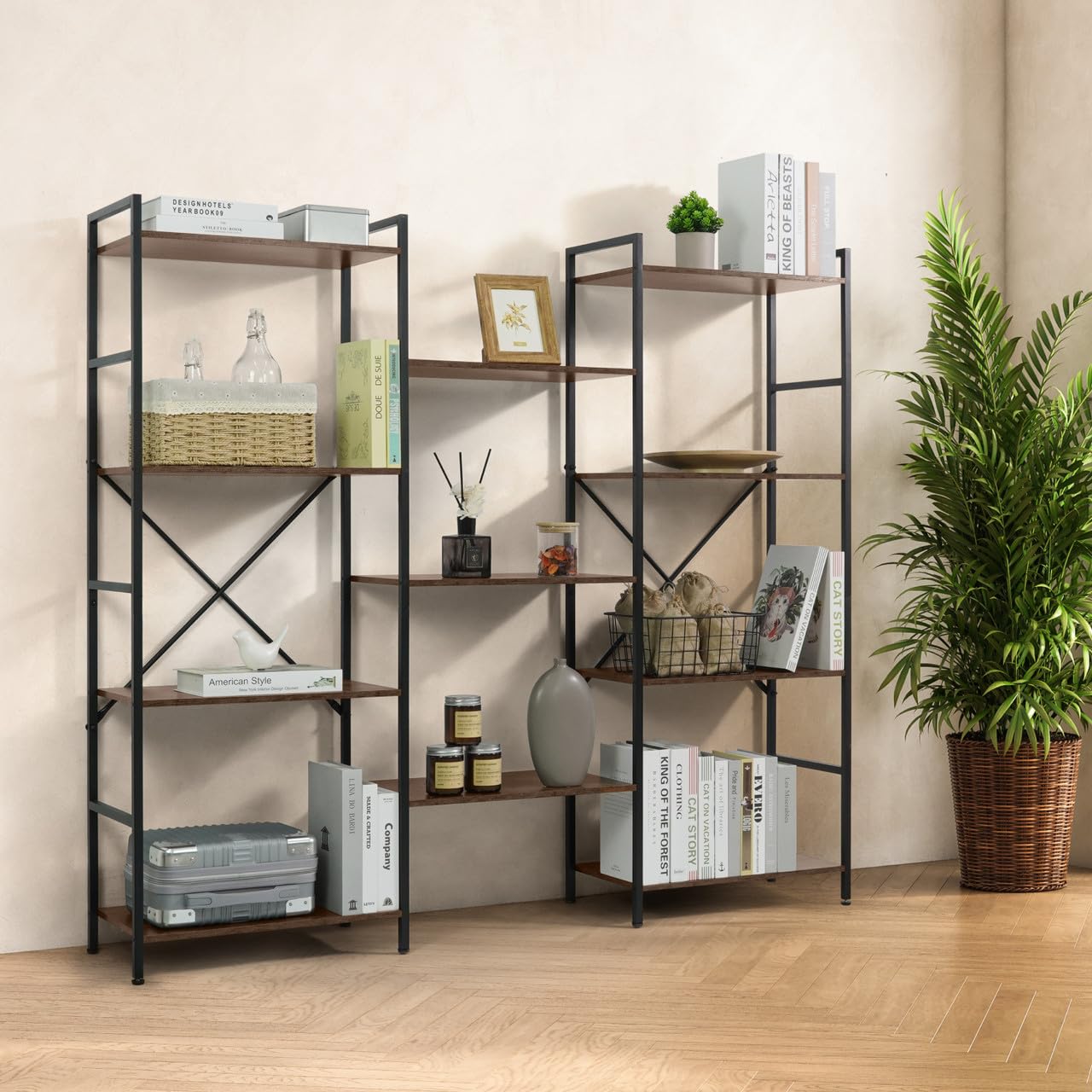 CAPHAUS Triple Column 4 Tier Bookshelf, Industrial Triple Bookcase with 11 Open Display Shelves, Adjustable Wide Shelf for Living Room, Bedroom, Home