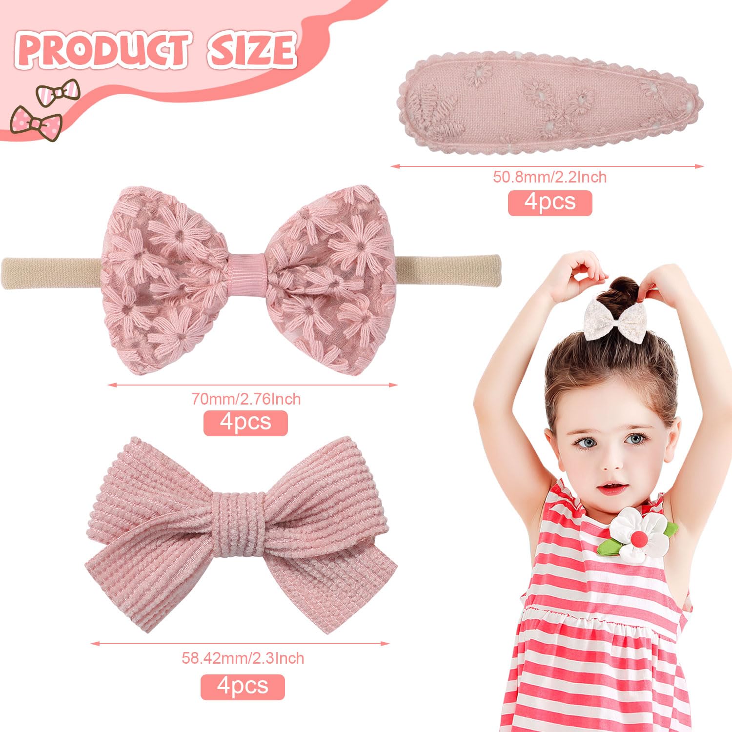 W Rxkiocs 12 Pcs Baby Girl Hair Clips & Bows, Newborn to Toddler, Pink & White, Bow Hair Clips & Headbands - Image 4