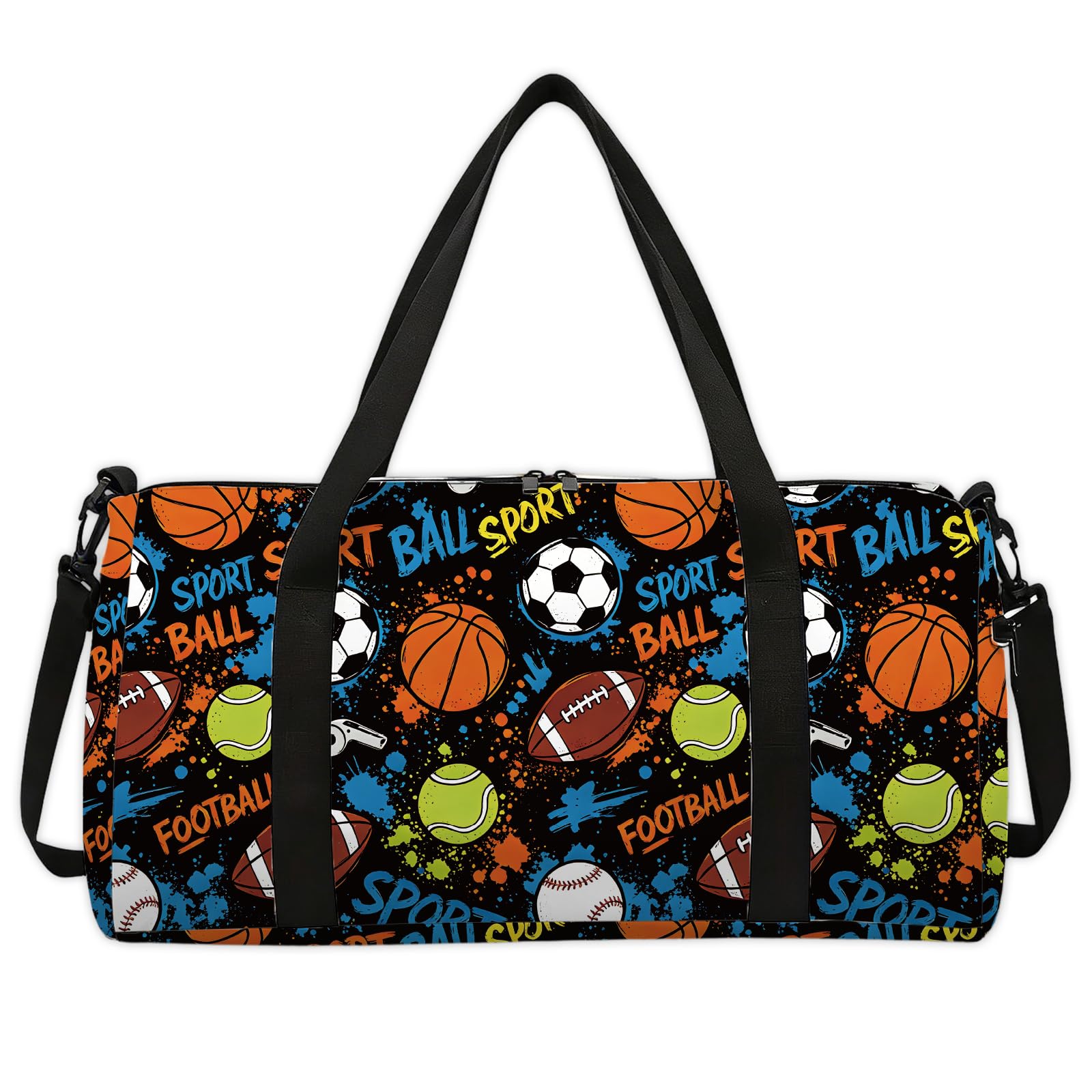 CONCHLERY Ball Sports Pattern Sports Gym Bag Basketball Duffel Bags Foldable Gym Bag for Men Women Travel Workout Fitness, 17.7x7.87x9.44inches